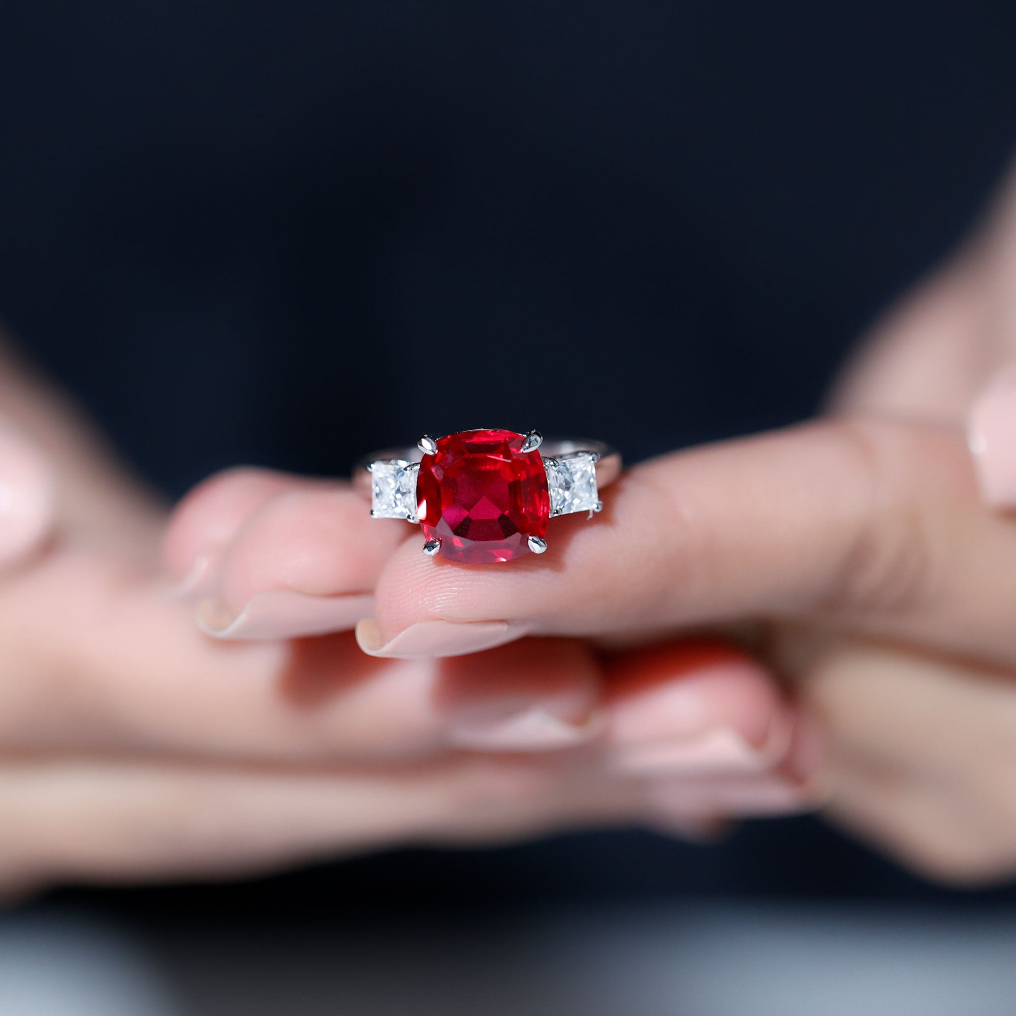 Cushion Created Ruby Solitaire Engagement Ring with Princess Cut Moissanite Lab Created Ruby - ( AAAA ) - Quality - Rosec Jewels