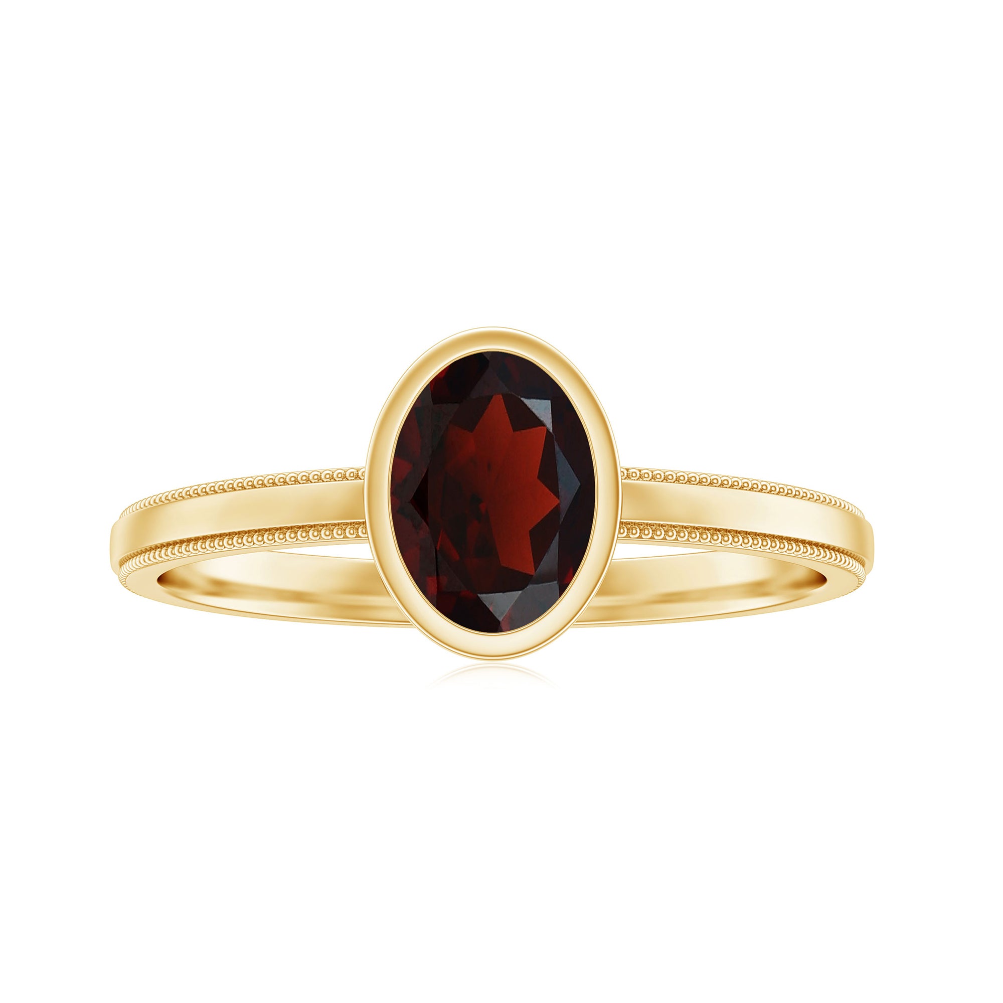 Bezel Set Oval Garnet Solitaire Ring with Beaded Detailing Garnet - ( AAA ) - Quality - Rosec Jewels