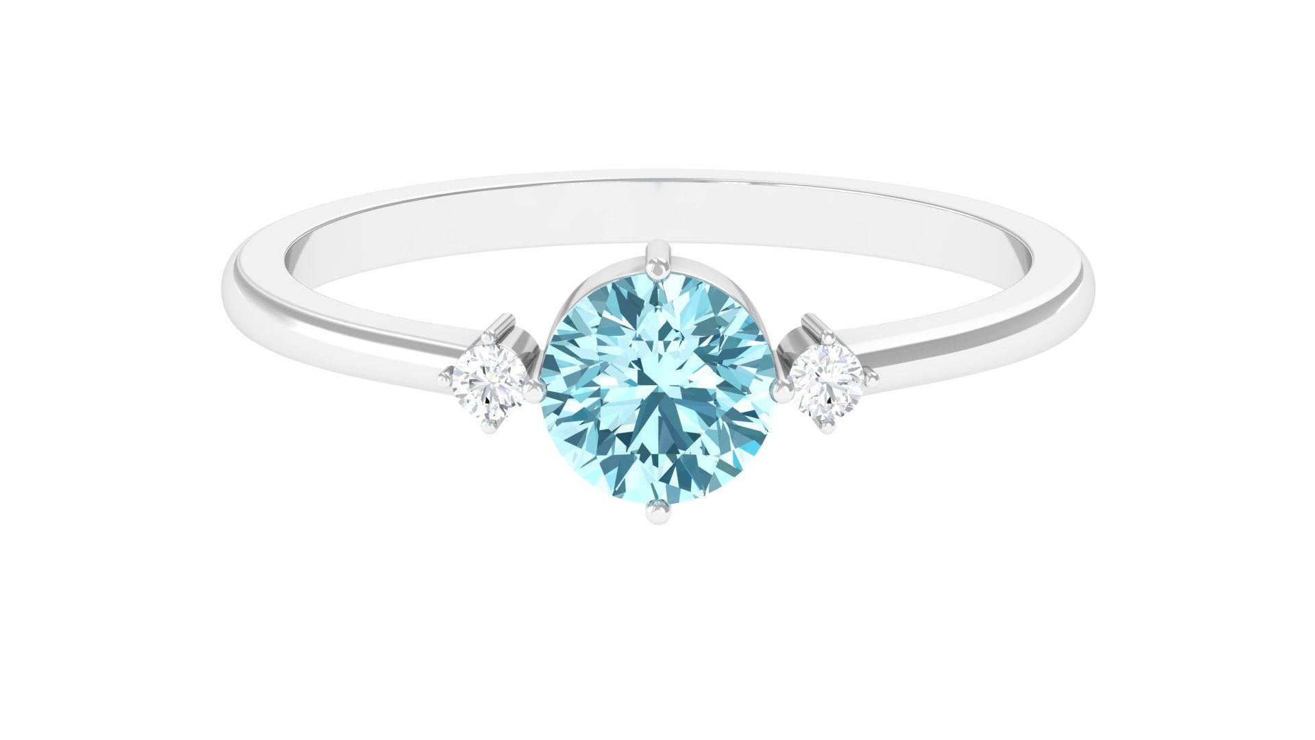 Round Aquamarine Solitaire Promise Ring with Diamond Aquamarine - ( AAA ) - Quality - Rosec Jewels