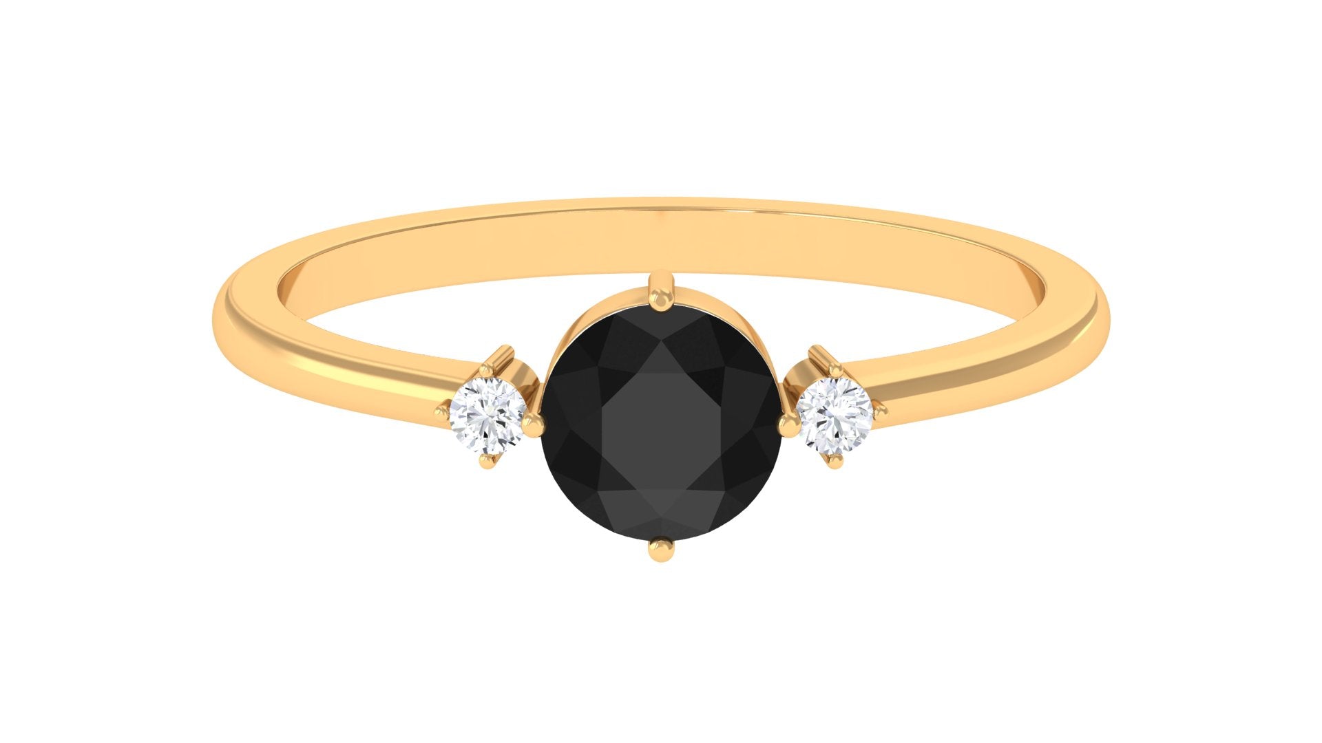 Minimal Round Black Onyx Promise Ring with Diamond Black Onyx - ( AAA ) - Quality - Rosec Jewels