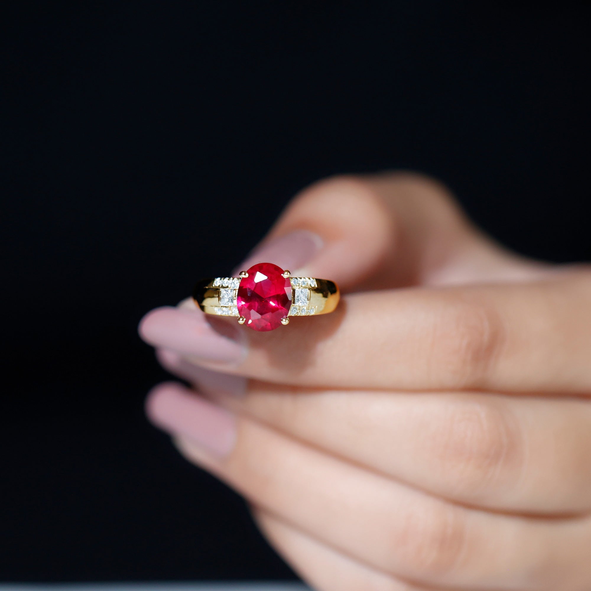 Oval Lab Grown Ruby Solitaire Statement Engagement Ring with Diamond Lab Created Ruby - ( AAAA ) - Quality - Rosec Jewels