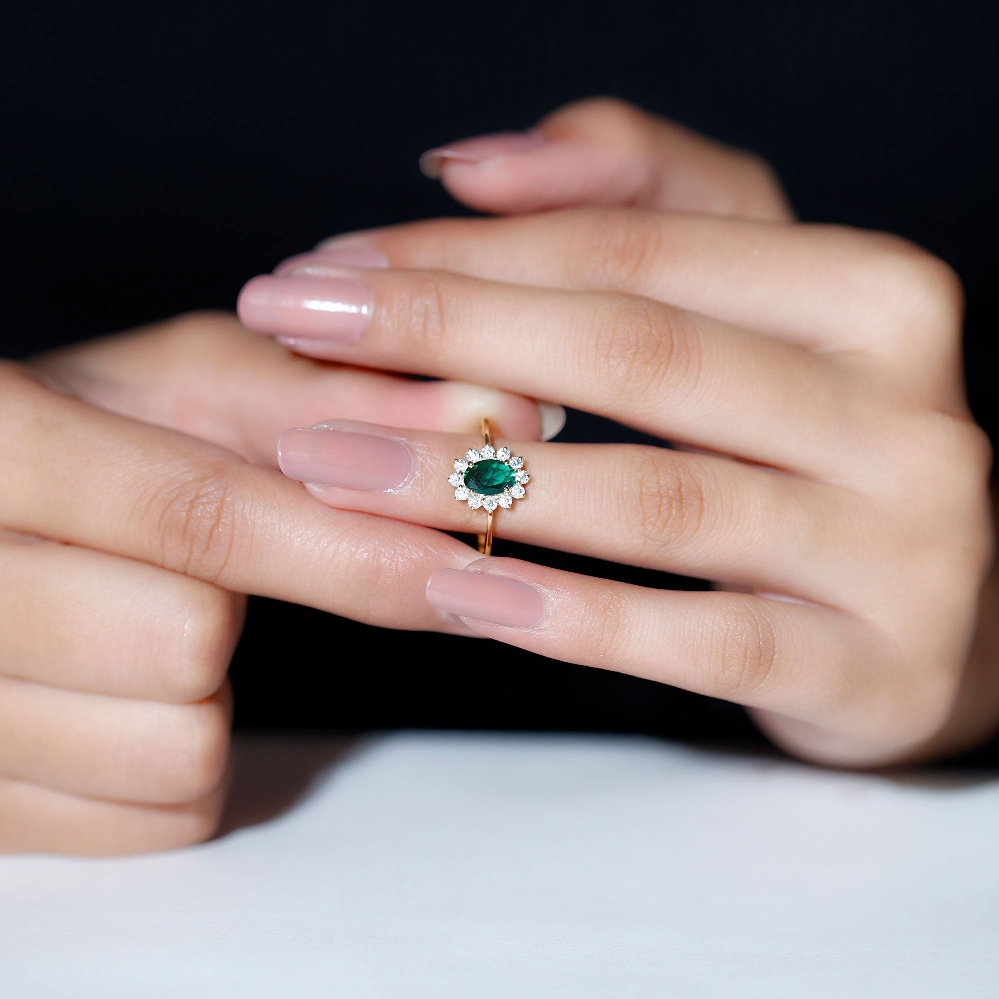 Princess Diana Inspired Created Emerald Engagement Ring with Diamond Lab Created Emerald - ( AAAA ) - Quality - Rosec Jewels