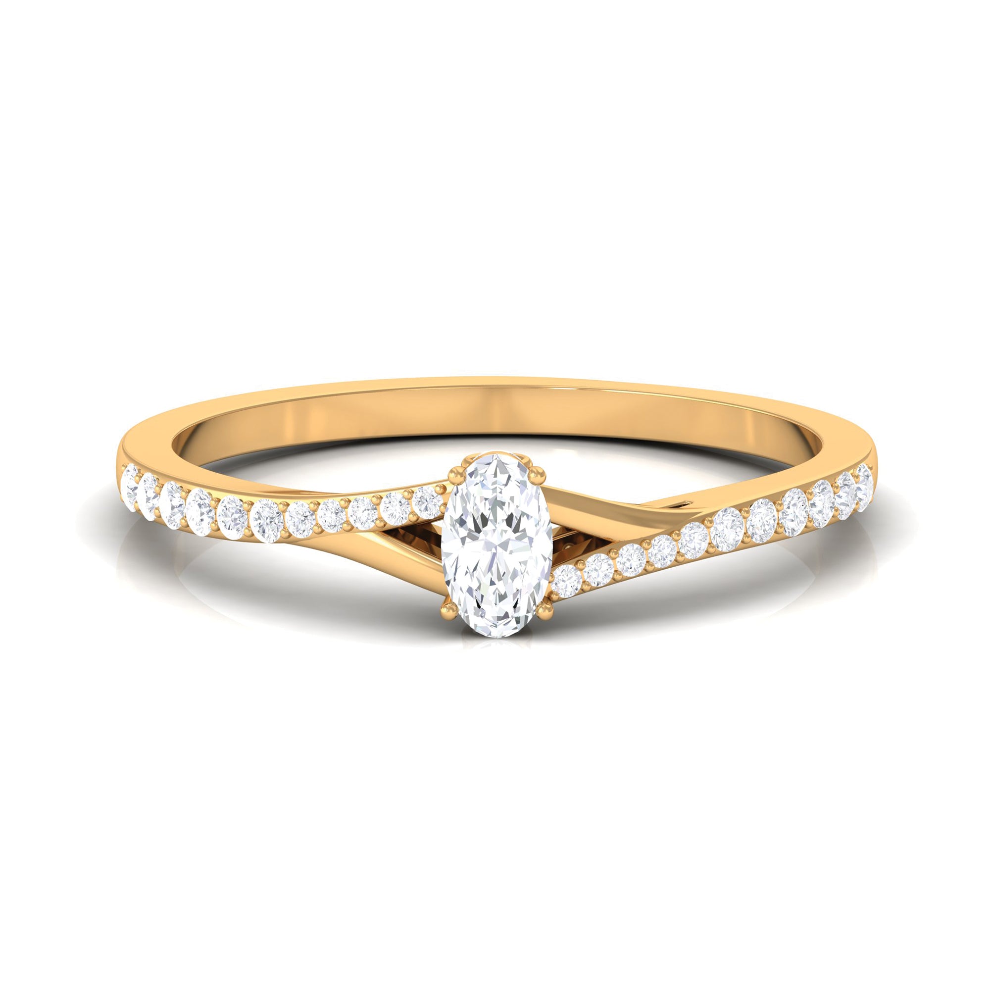 Minimal Oval Shape Moissanite Solitaire Ring in Split Shank Moissanite - ( D-VS1 ) - Color and Clarity - Rosec Jewels