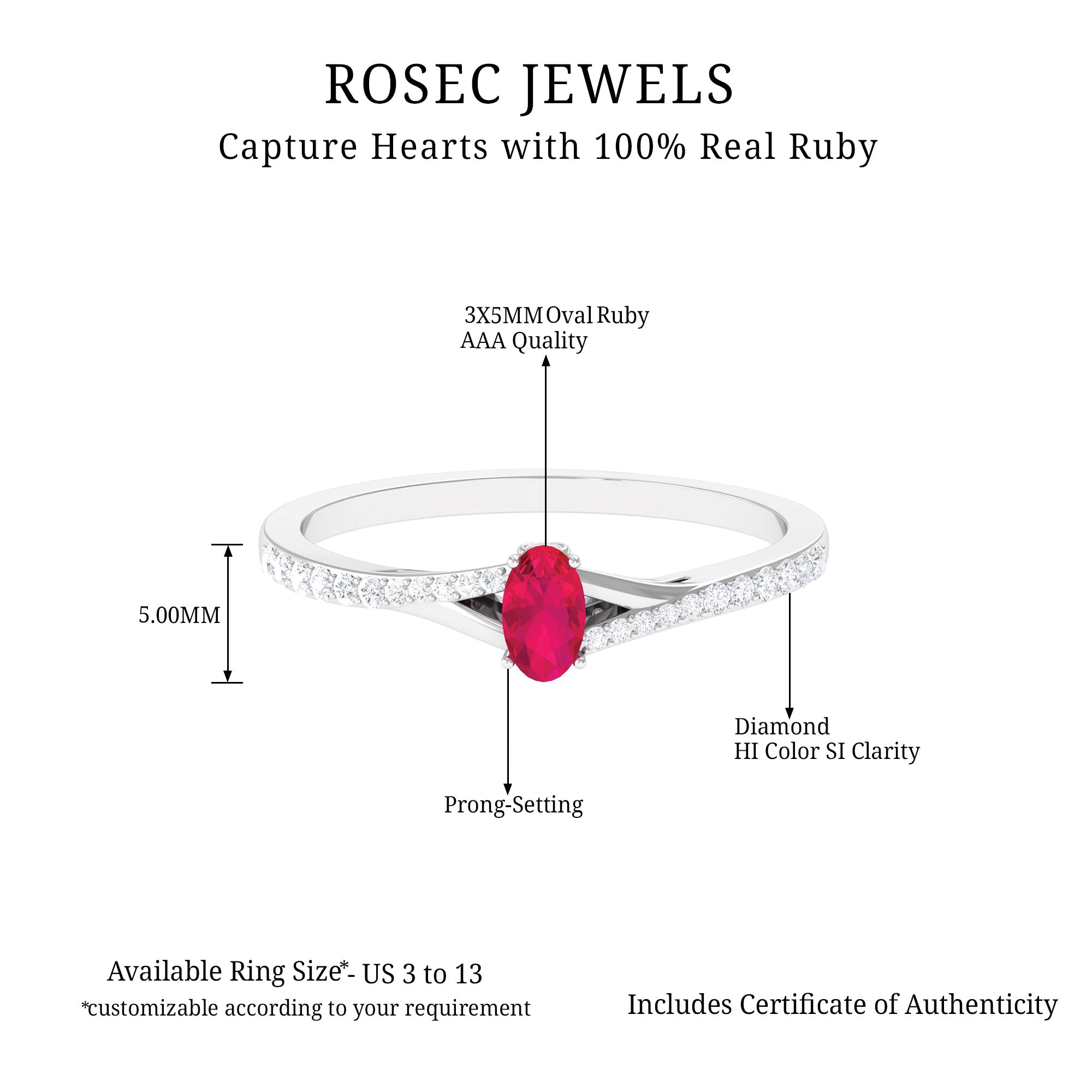 Split Shank Oval Ruby Engagement Ring with Diamond Ruby - ( AAA ) - Quality - Rosec Jewels