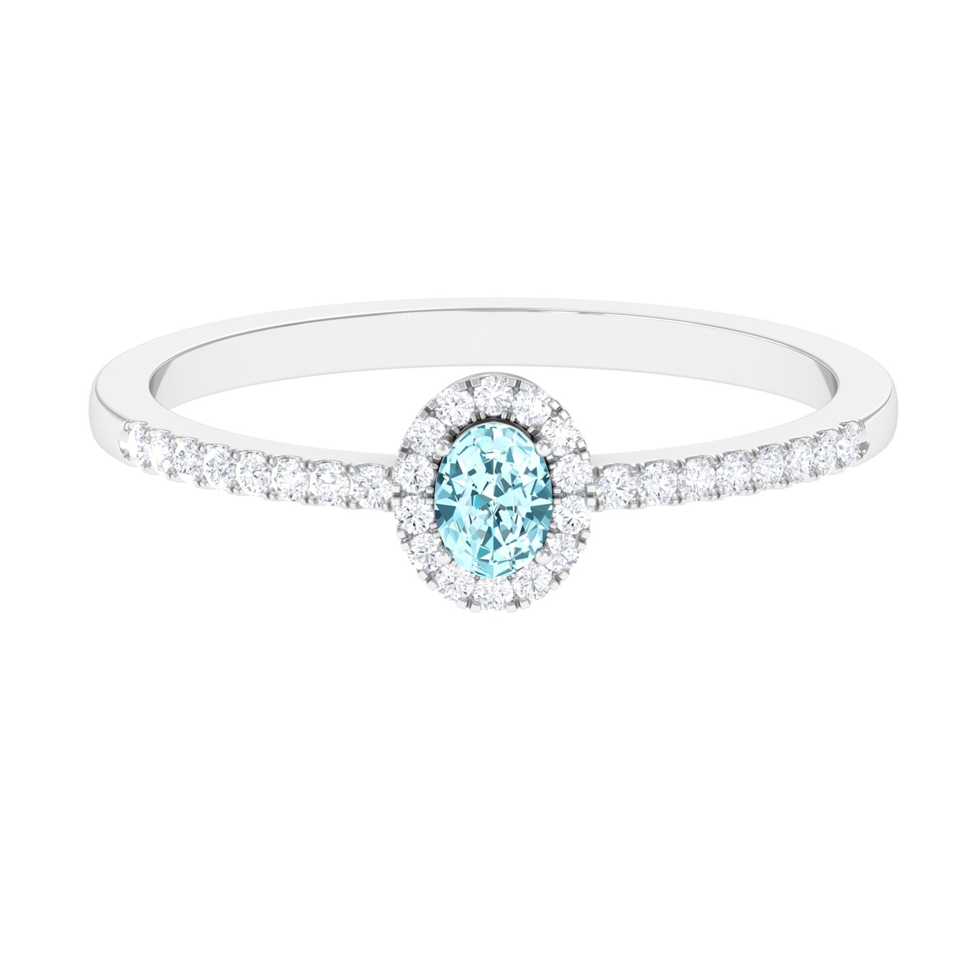 Oval Cut Aquamarine Diamond Halo Ring Aquamarine - ( AAA ) - Quality - Rosec Jewels