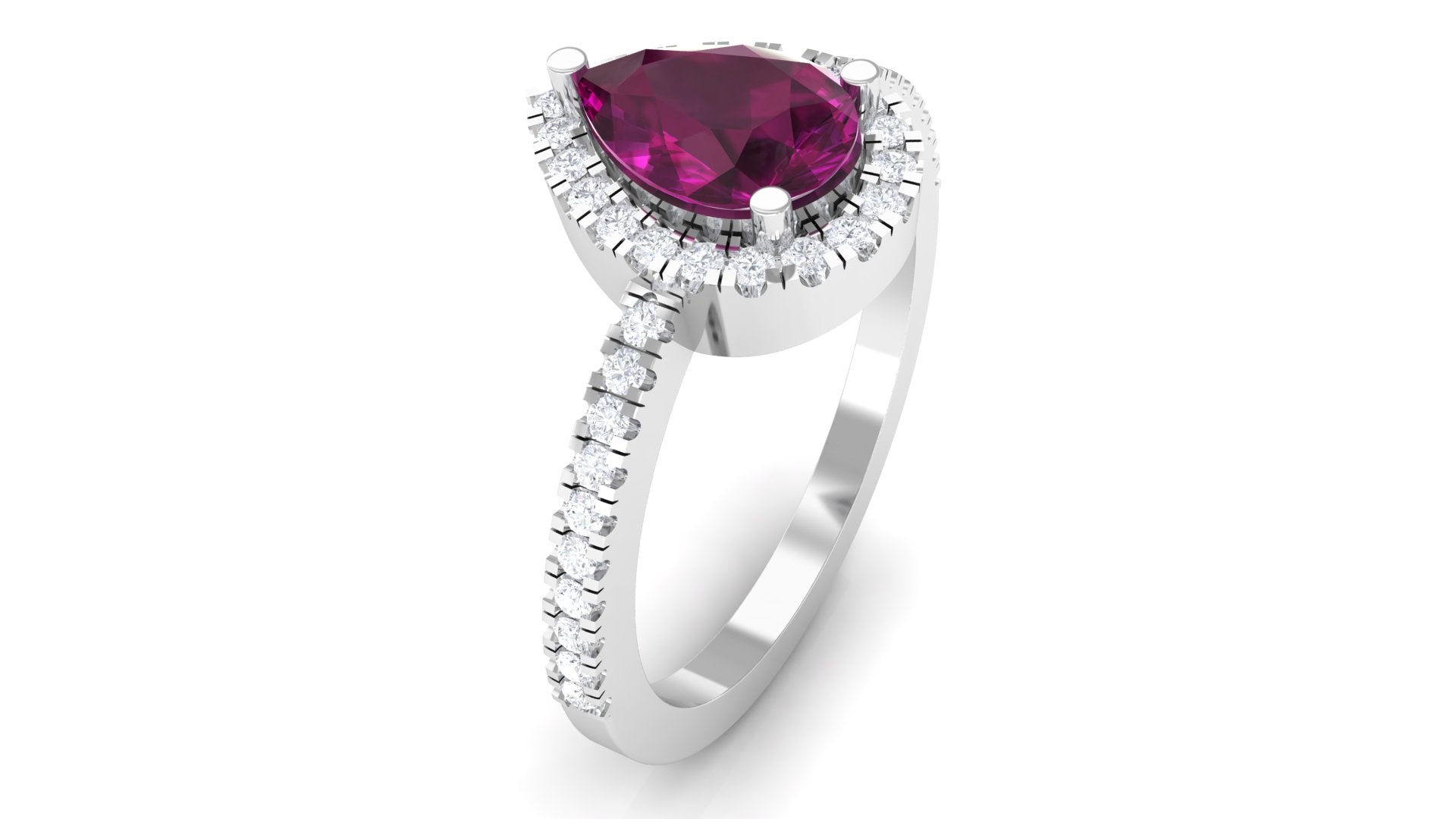 Natural Rhodolite Teardrop Halo Ring with Diamond Rhodolite - ( AAA ) - Quality - Rosec Jewels