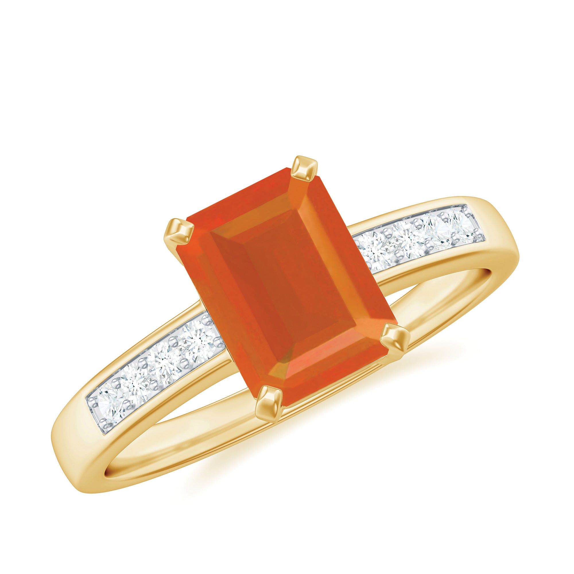 Octagon Cut Real Fire Opal Solitaire Ring with Diamond Fire Opal - ( AAA ) - Quality - Rosec Jewels