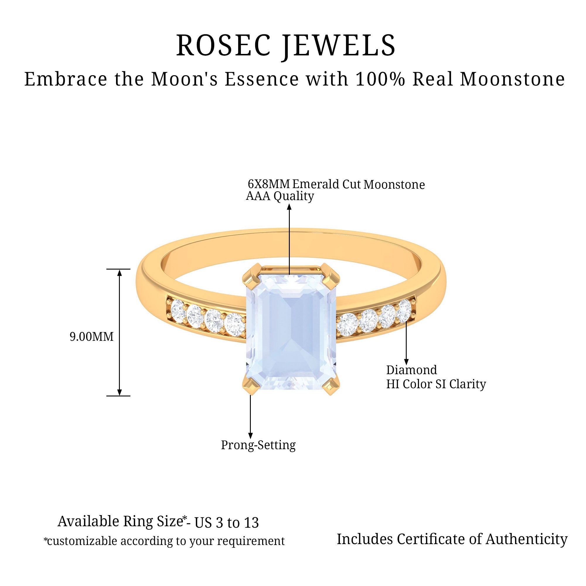 Emerald Cut Moonstone Solitaire Engagement Ring with Diamond Side Stones Moonstone - ( AAA ) - Quality - Rosec Jewels