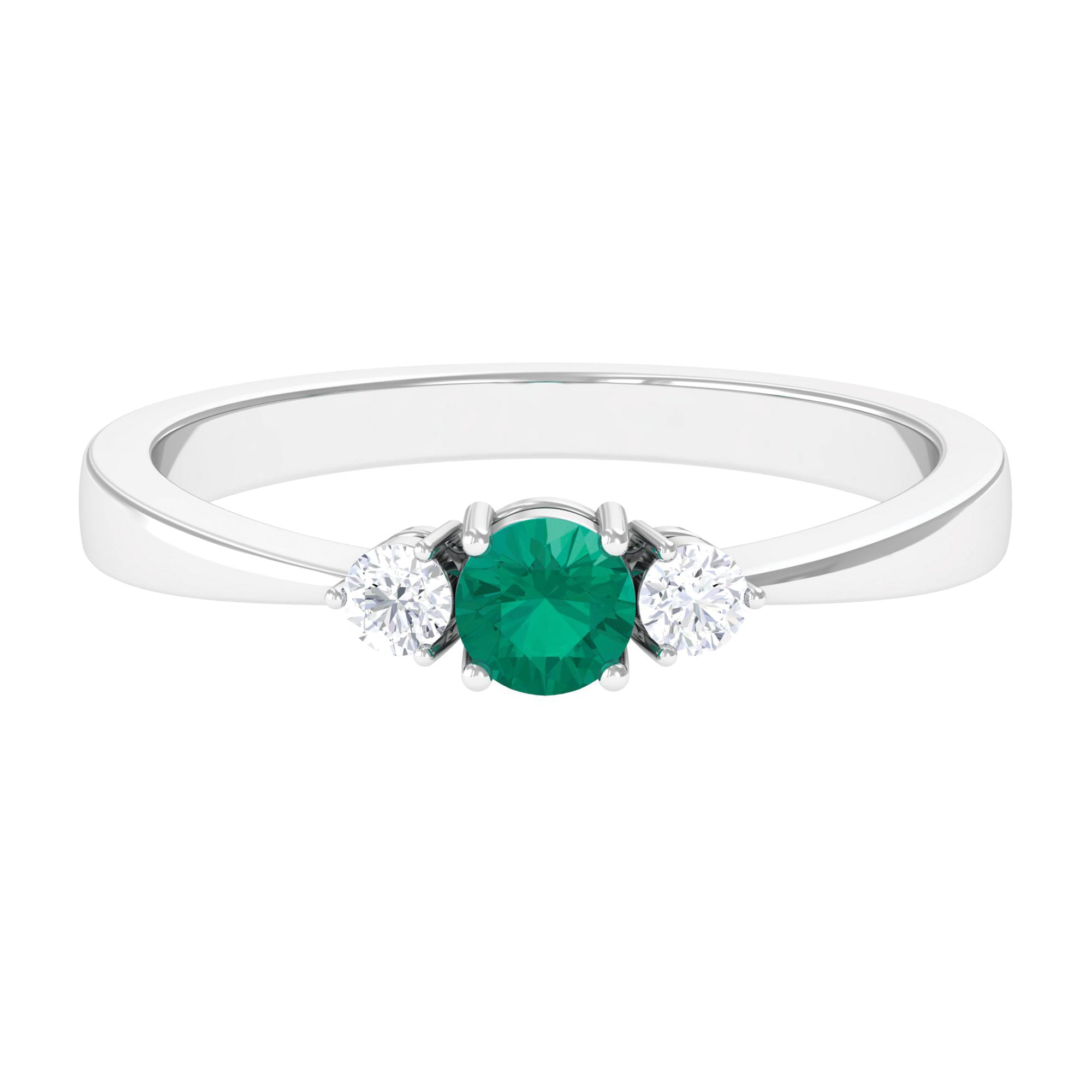 Round Shape Real Emerald and Diamond Three Stone Promise Ring Emerald - ( AAA ) - Quality - Rosec Jewels