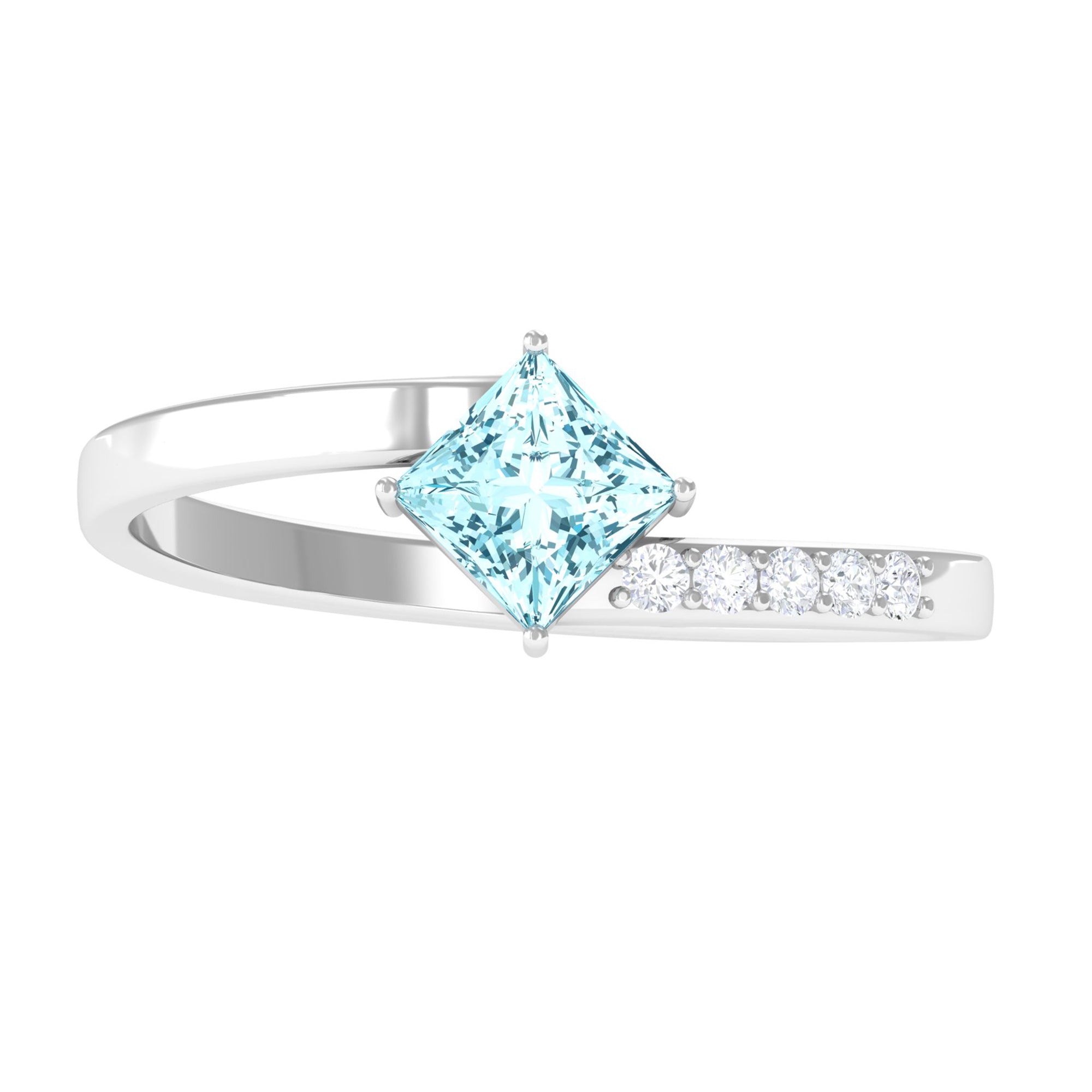 Princess Cut Aquamarine Bypass Solitaire Ring with Diamond Aquamarine - ( AAA ) - Quality - Rosec Jewels