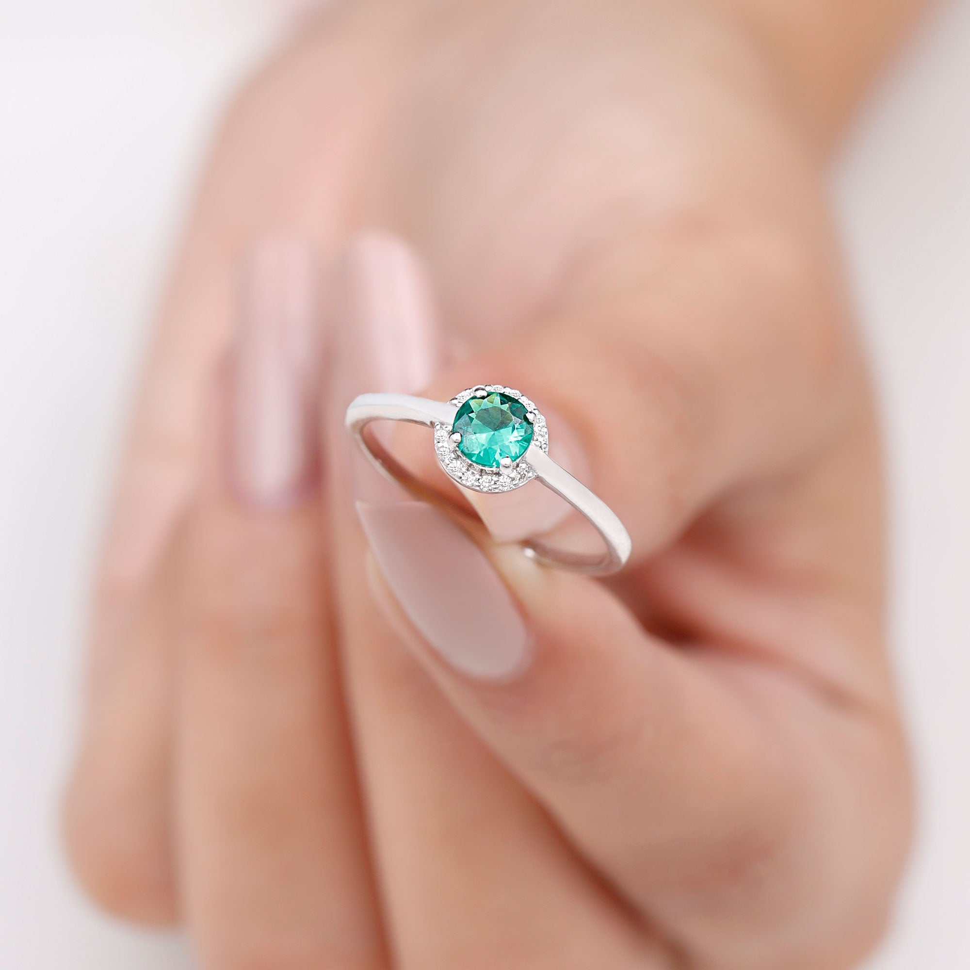 Round Lab Grown Emerald Halo Engagement Ring with Diamond Lab Created Emerald - ( AAAA ) - Quality - Rosec Jewels