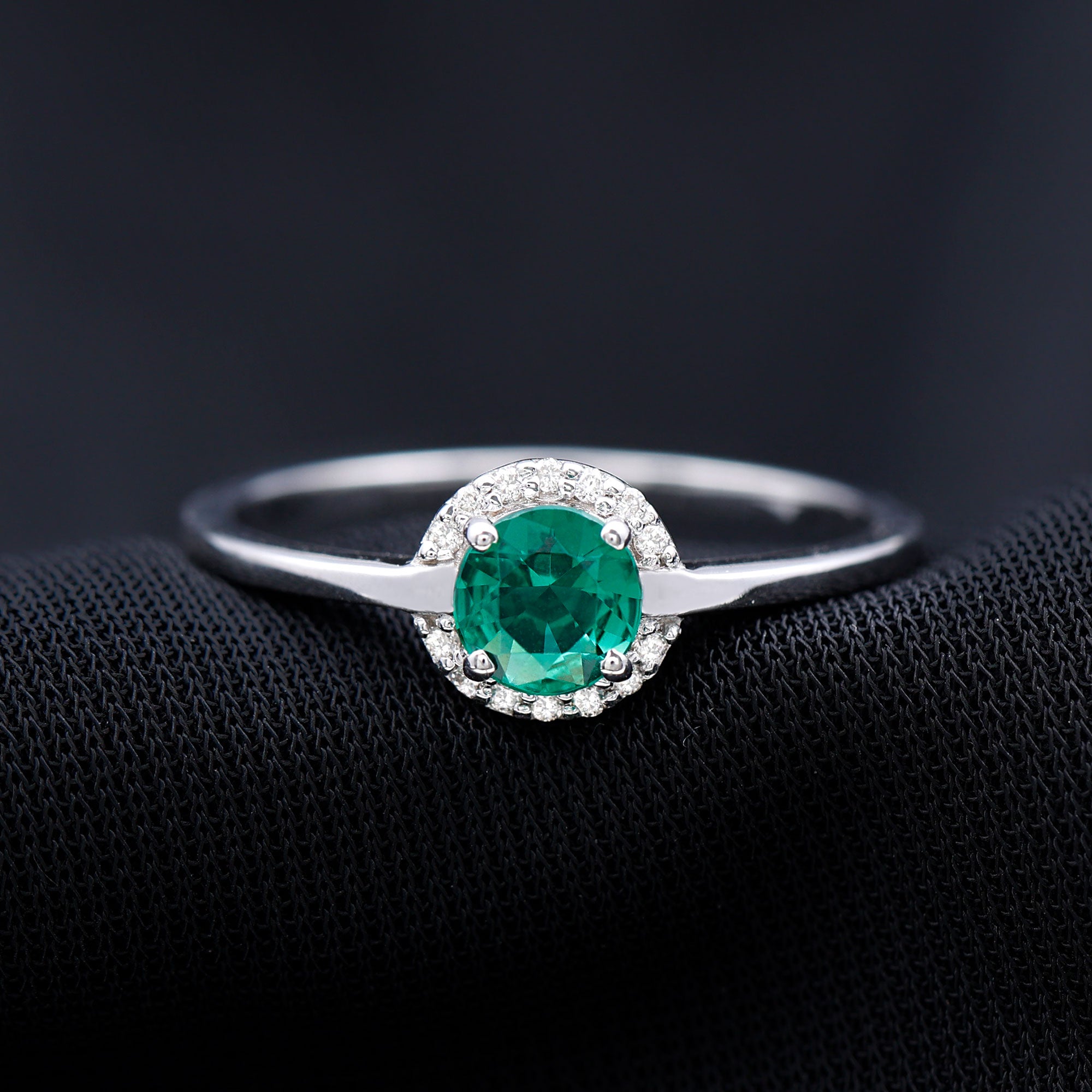 Round Lab Grown Emerald Halo Engagement Ring with Diamond Lab Created Emerald - ( AAAA ) - Quality - Rosec Jewels