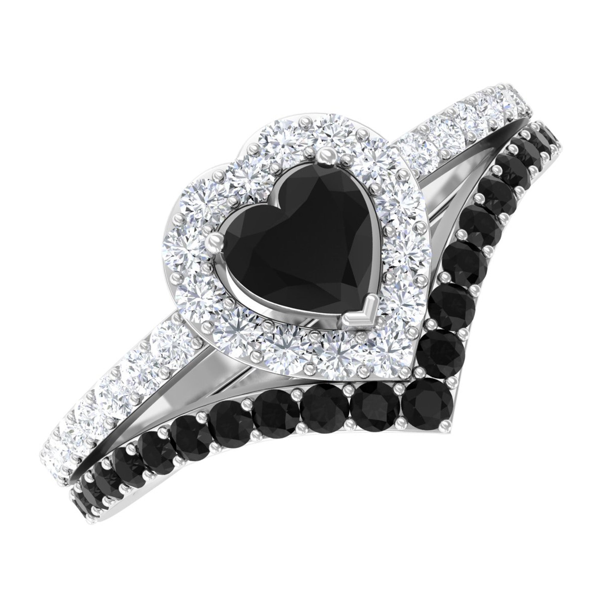 Black Onyx and Diamond Heart Wedding Ring Set Black Onyx - ( AAA ) - Quality - Rosec Jewels