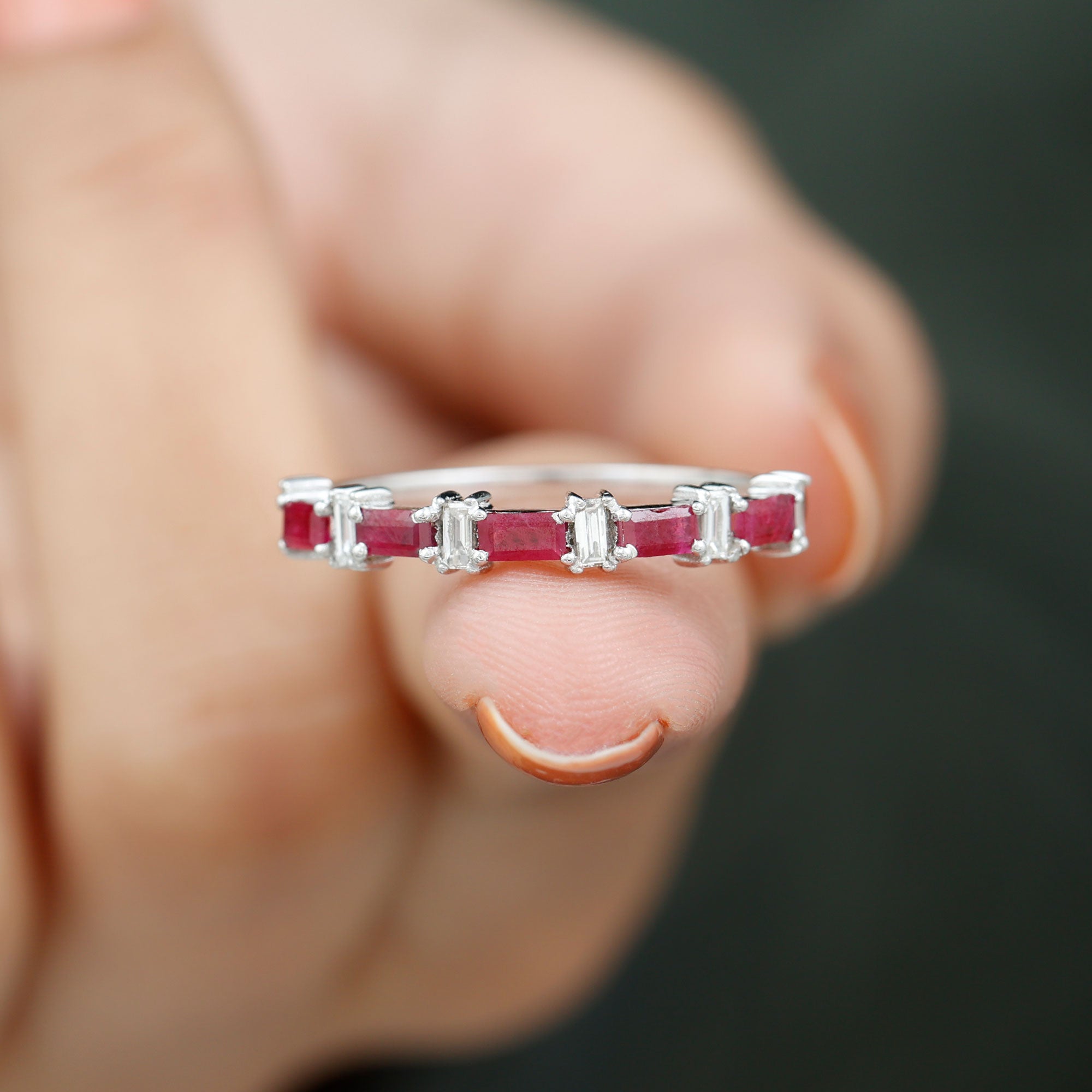 Baguette Cut Ruby Half Eternity Ring with Diamond Accent Ruby - ( AAA ) - Quality - Rosec Jewels