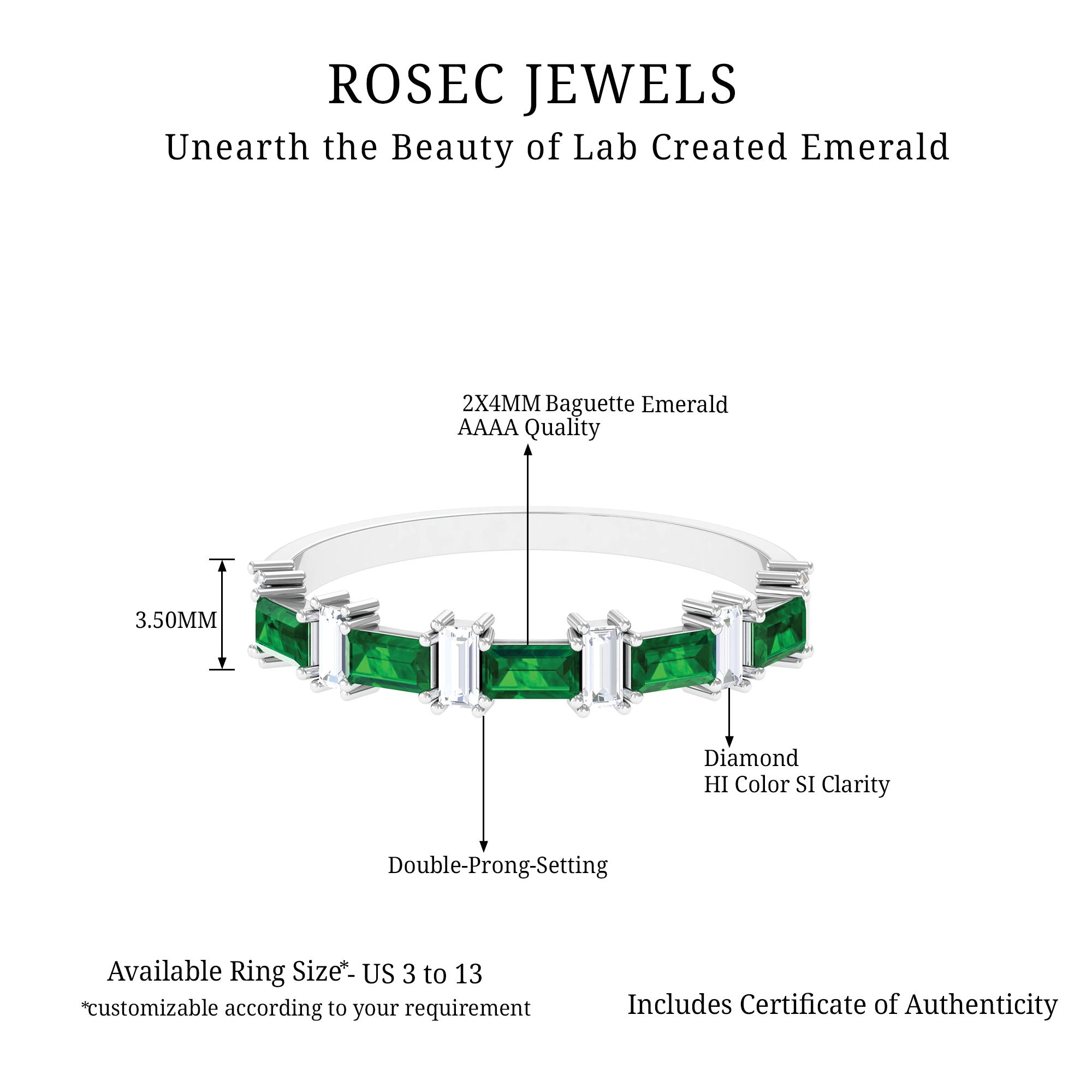 Baguette Cut Created Emerald and Diamond Half Eternity Ring Lab Created Emerald - ( AAAA ) - Quality - Rosec Jewels