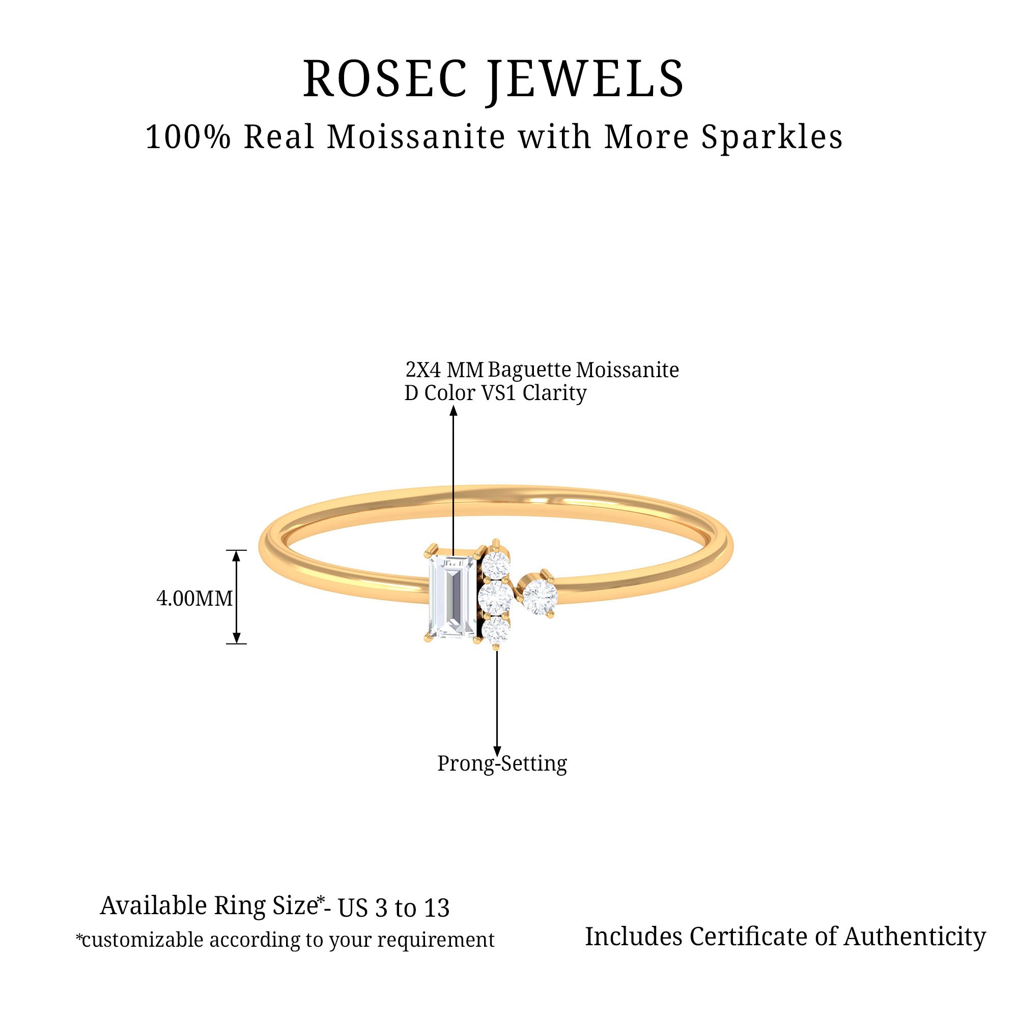 Dainty Promise Ring with Baguette and Round Moissanite Moissanite - ( D-VS1 ) - Color and Clarity - Rosec Jewels