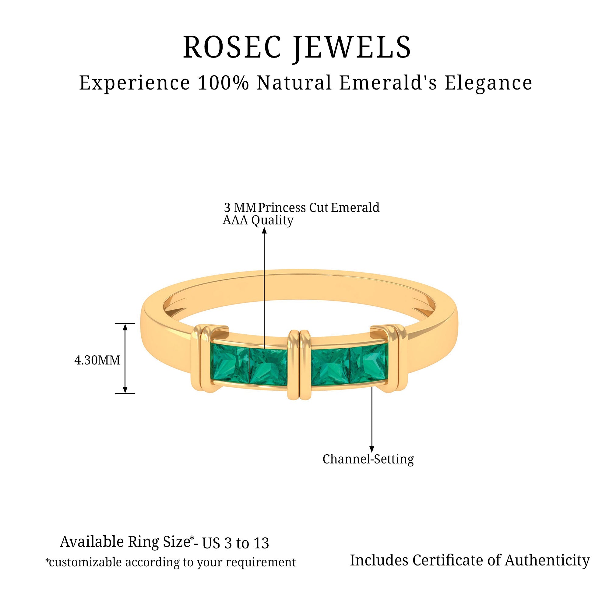 Princess Cut Emerald Band Ring in Channel Setting Emerald - ( AAA ) - Quality - Rosec Jewels