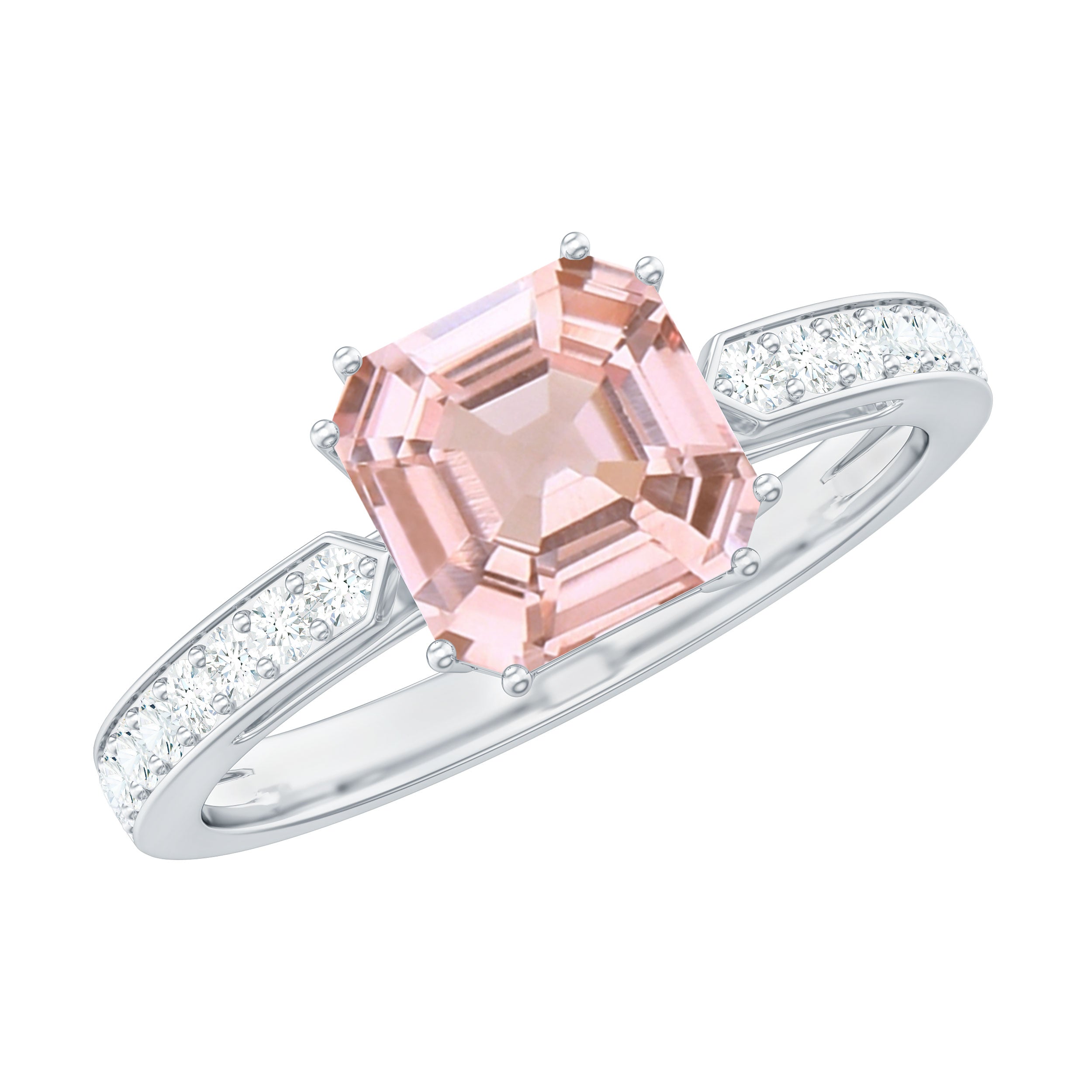 Asscher Morganite Solitaire Engagement Ring with Diamond Morganite - ( AAA ) - Quality - Rosec Jewels