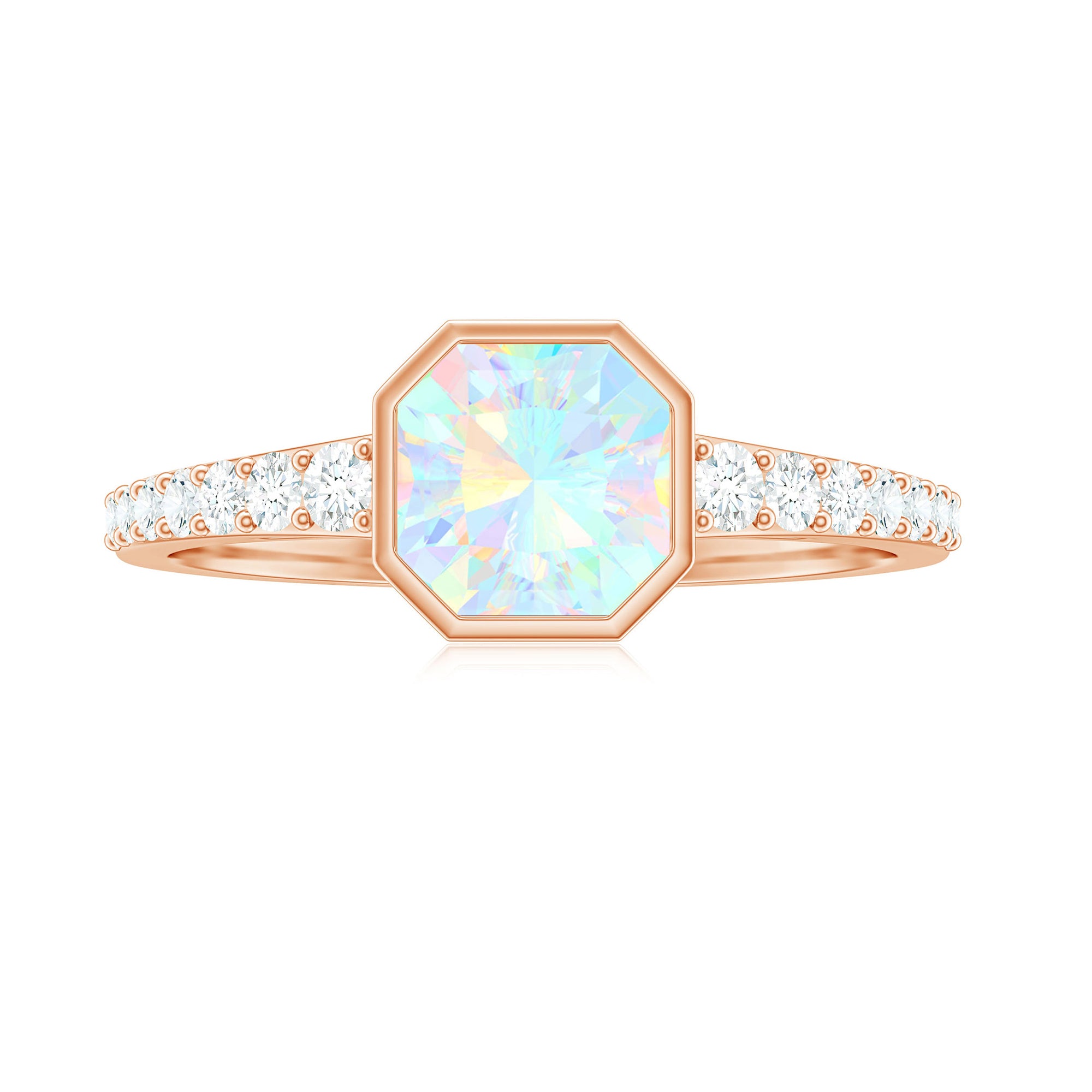 Asscher Ethiopian Opal Solitaire Ring with Diamond Side Stones Ethiopian Opal - ( AAA ) - Quality - Rosec Jewels