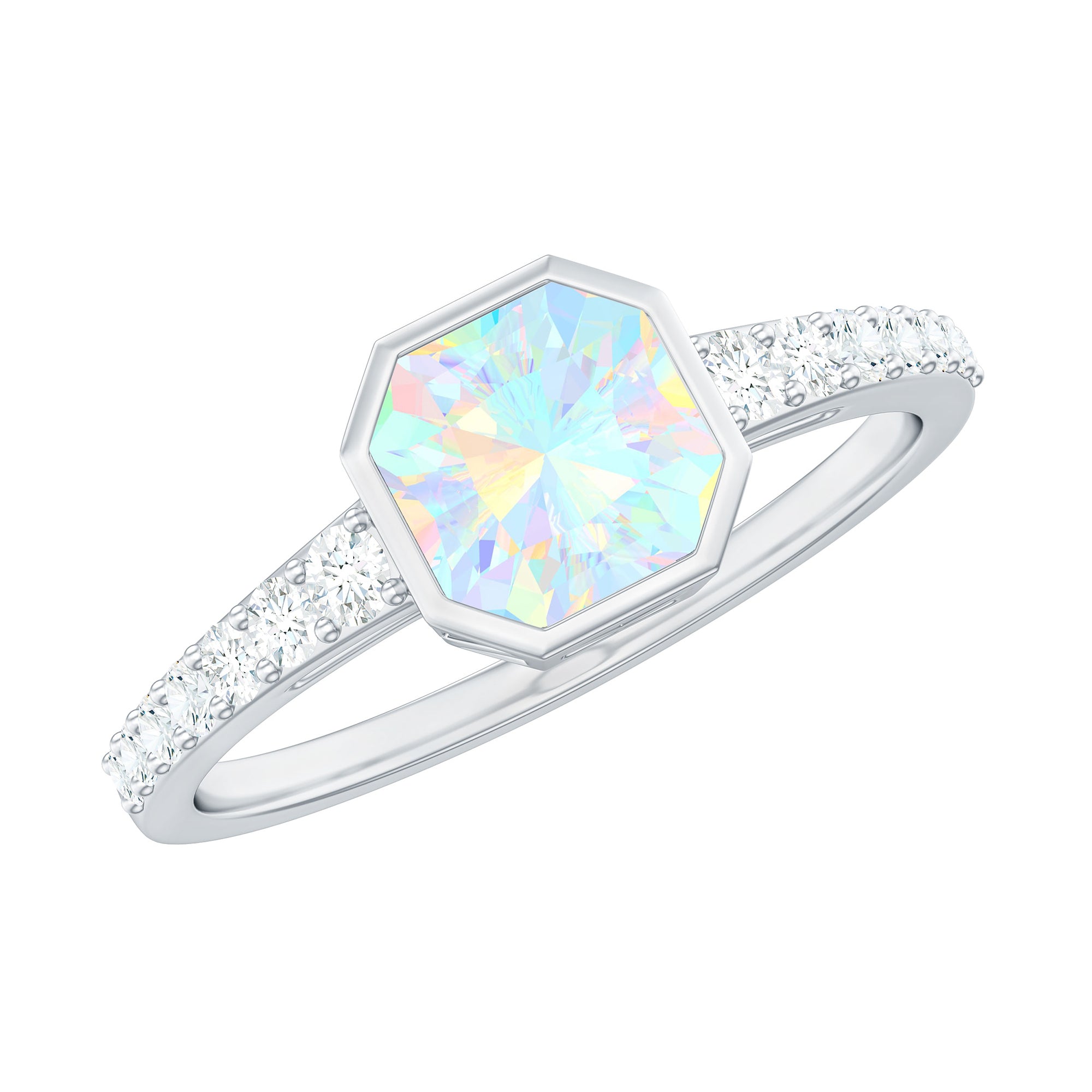 Asscher Ethiopian Opal Solitaire Ring with Diamond Side Stones Ethiopian Opal - ( AAA ) - Quality - Rosec Jewels