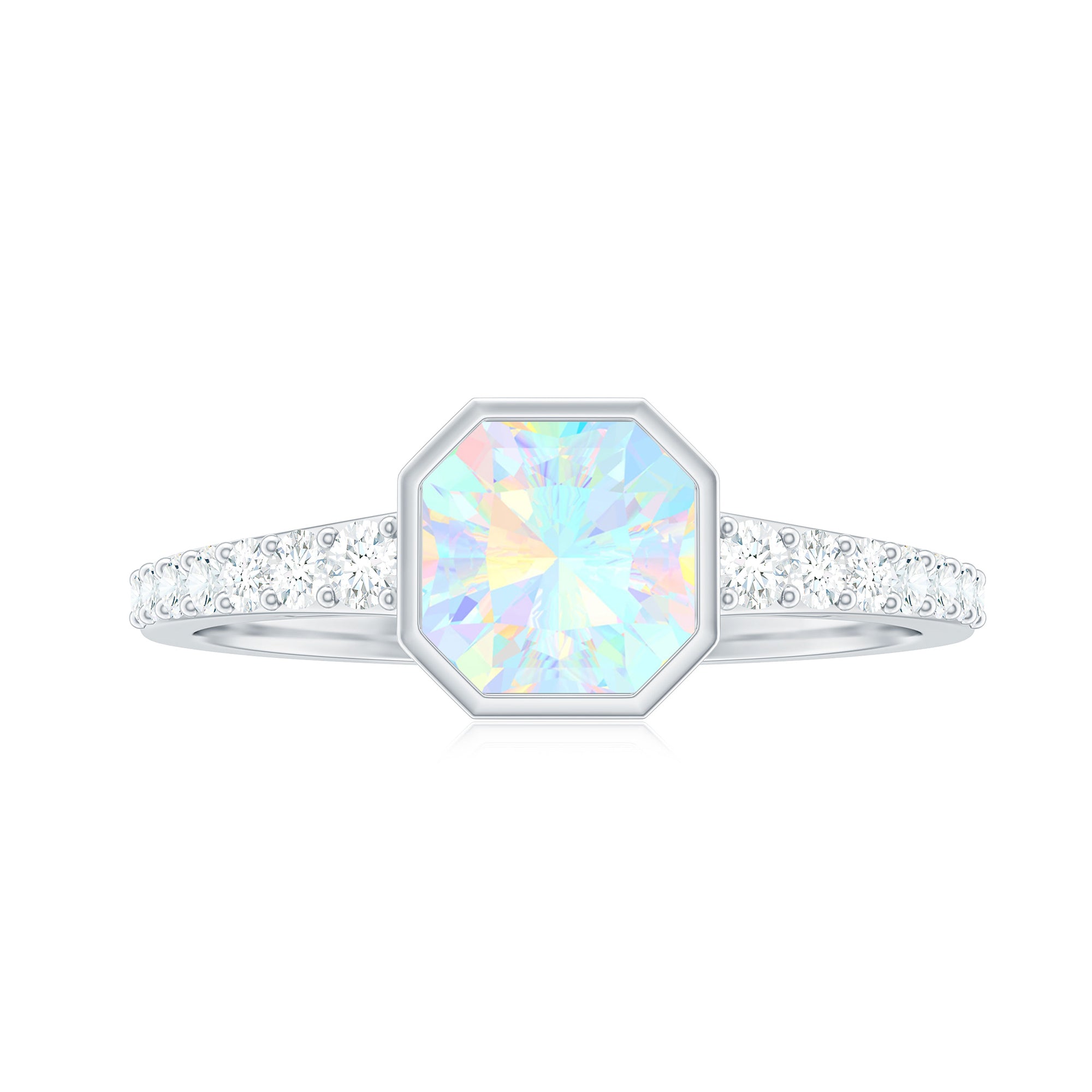 Asscher Ethiopian Opal Solitaire Ring with Diamond Side Stones Ethiopian Opal - ( AAA ) - Quality - Rosec Jewels