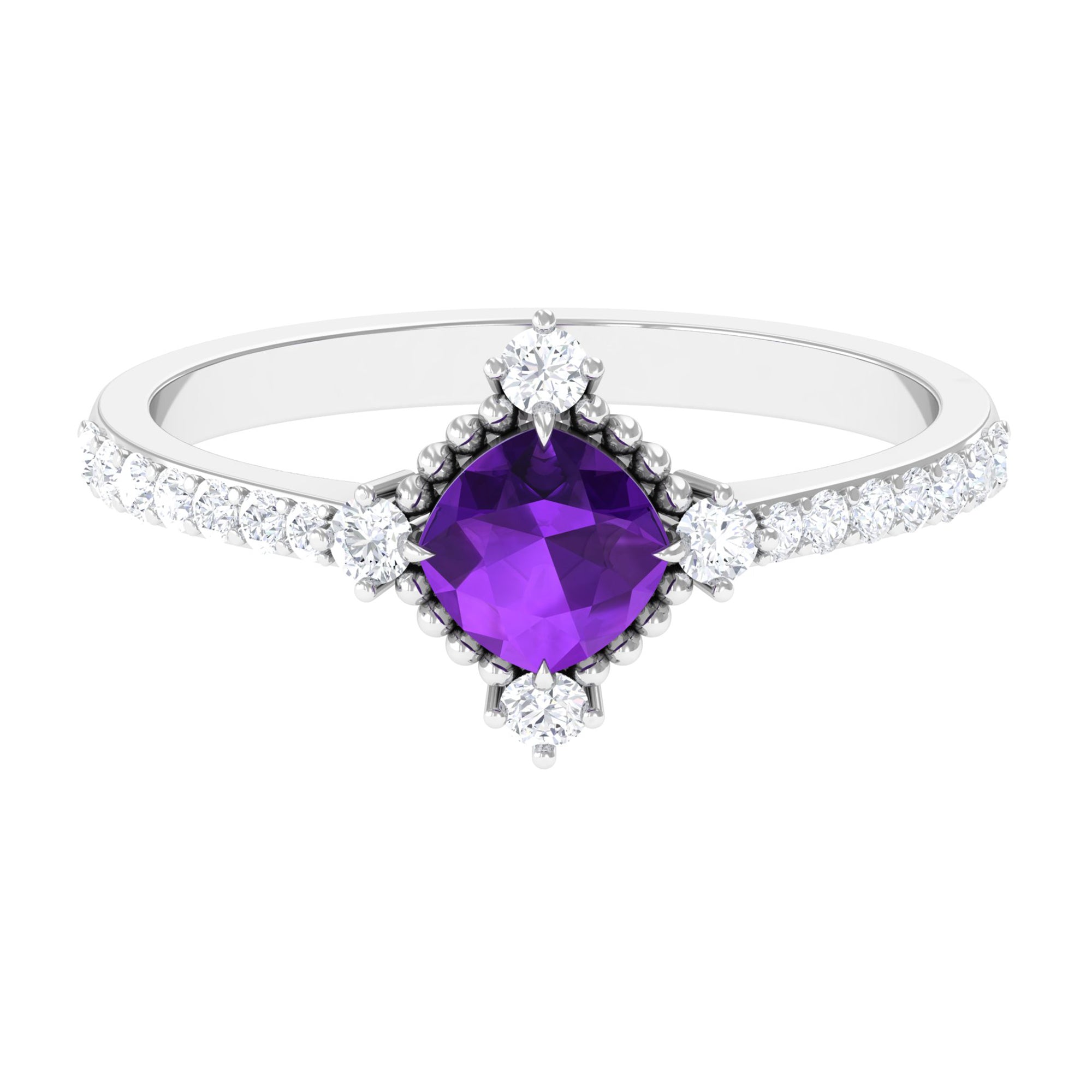 Cushion Amethyst Solitaire Engagement Ring with Diamond Side Stones Amethyst - ( AAA ) - Quality - Rosec Jewels