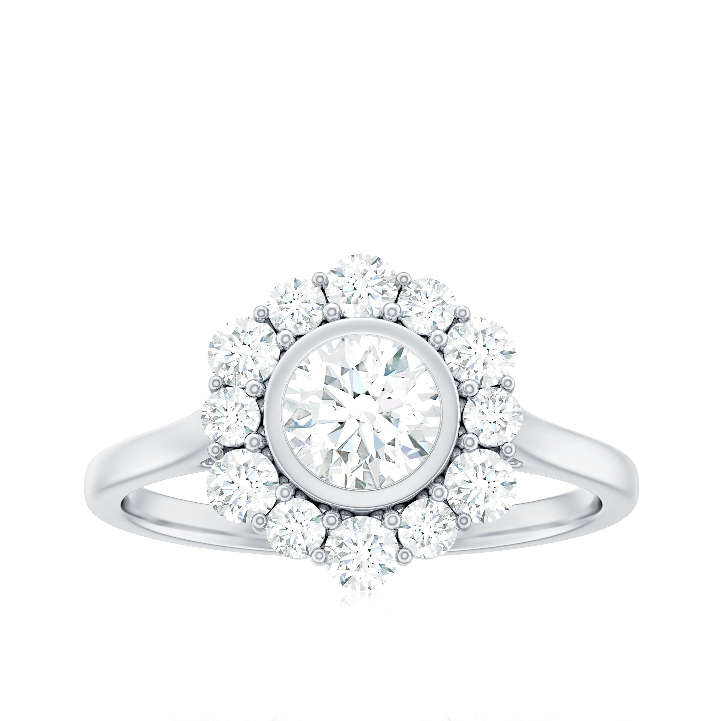 Round Moissanite Statement Engagement Ring with Halo Moissanite - ( D-VS1 ) - Color and Clarity - Rosec Jewels