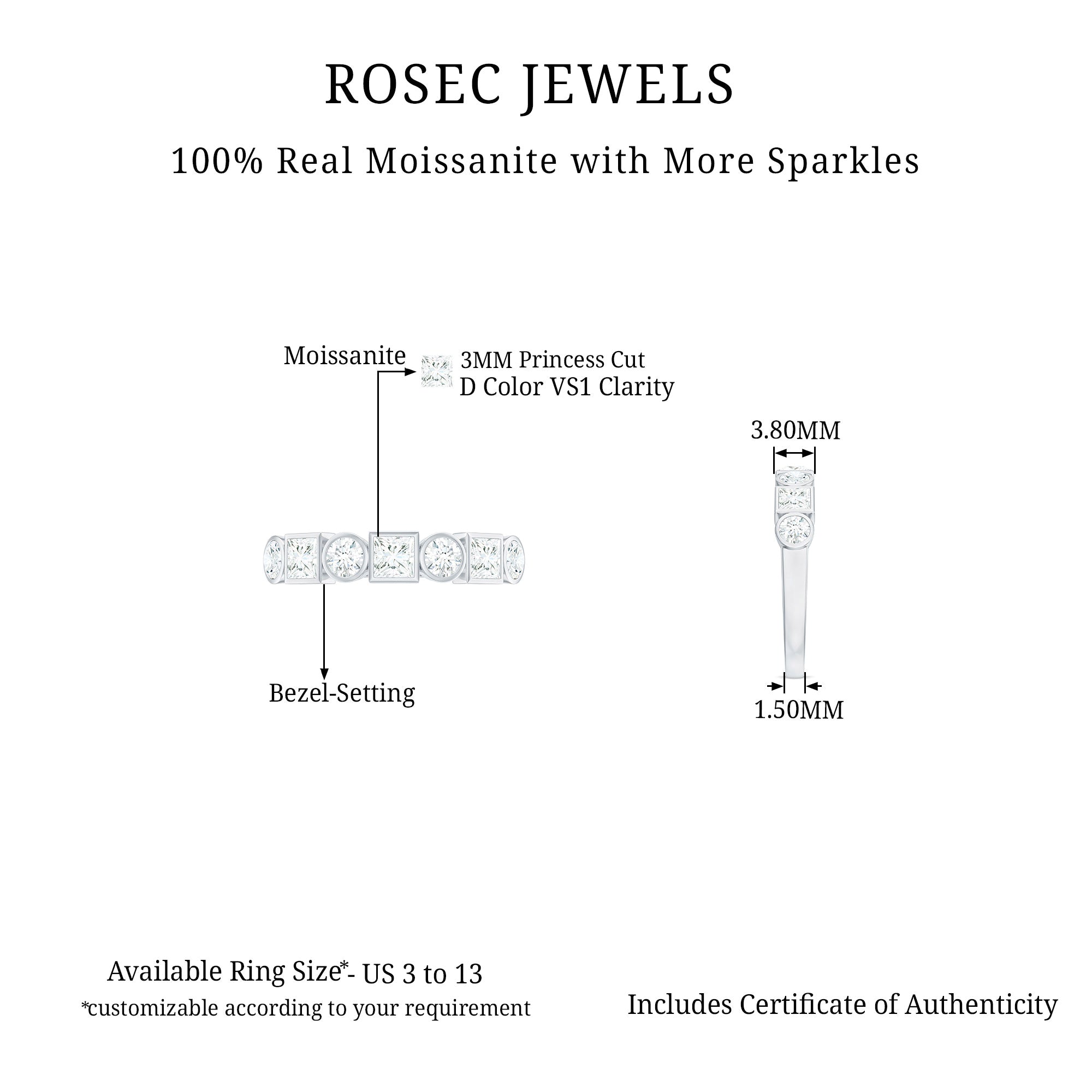 1 Carat Alternate Bezel Set Moissanite Half Eternity Band in Silver Moissanite - ( D-VS1 ) - Color and Clarity 92.5 Sterling Silver 5.5 - Rosec Jewels