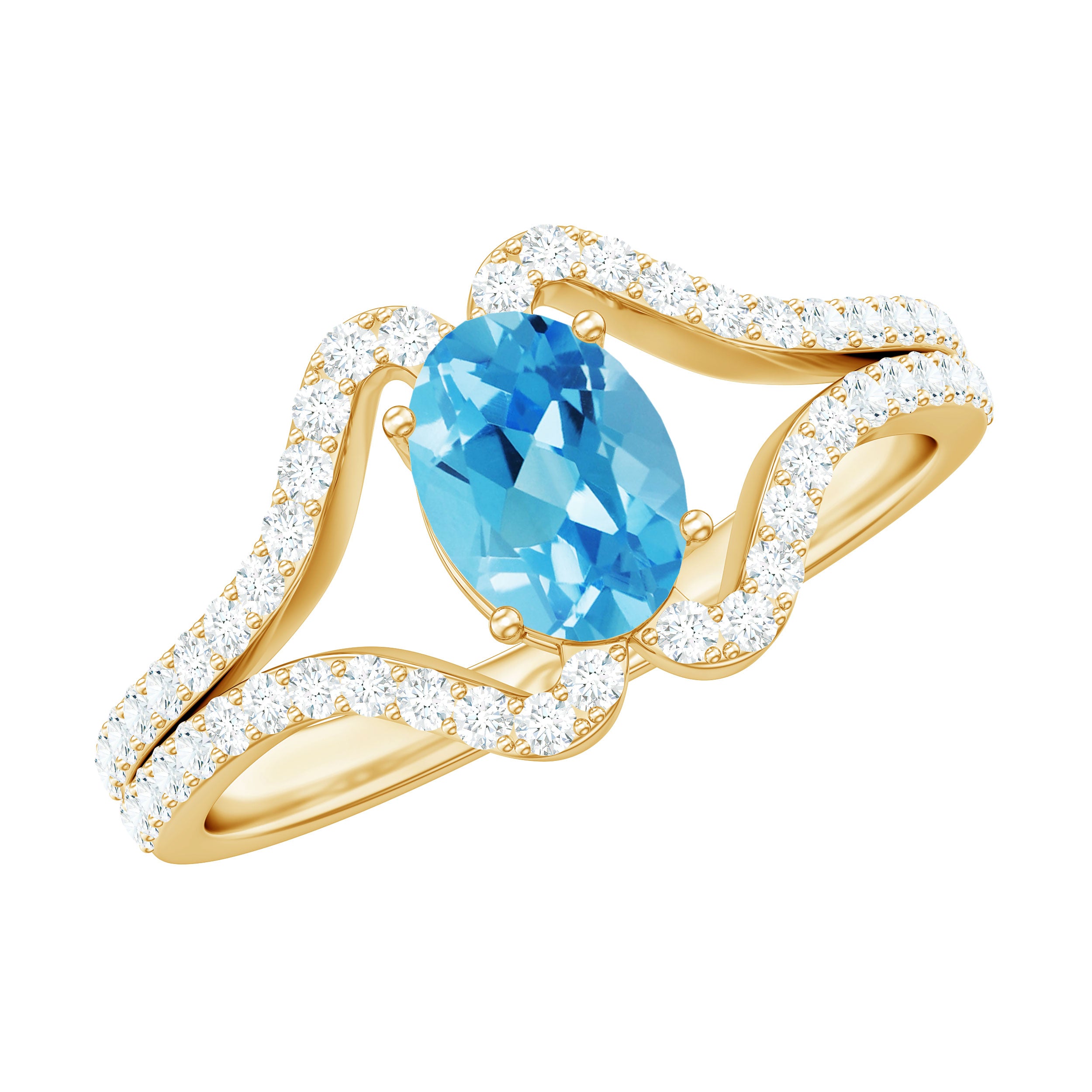 Oval Cut Swiss Blue Topaz and Diamond Ring with Split Shank Swiss Blue Topaz - ( AAA ) - Quality - Rosec Jewels