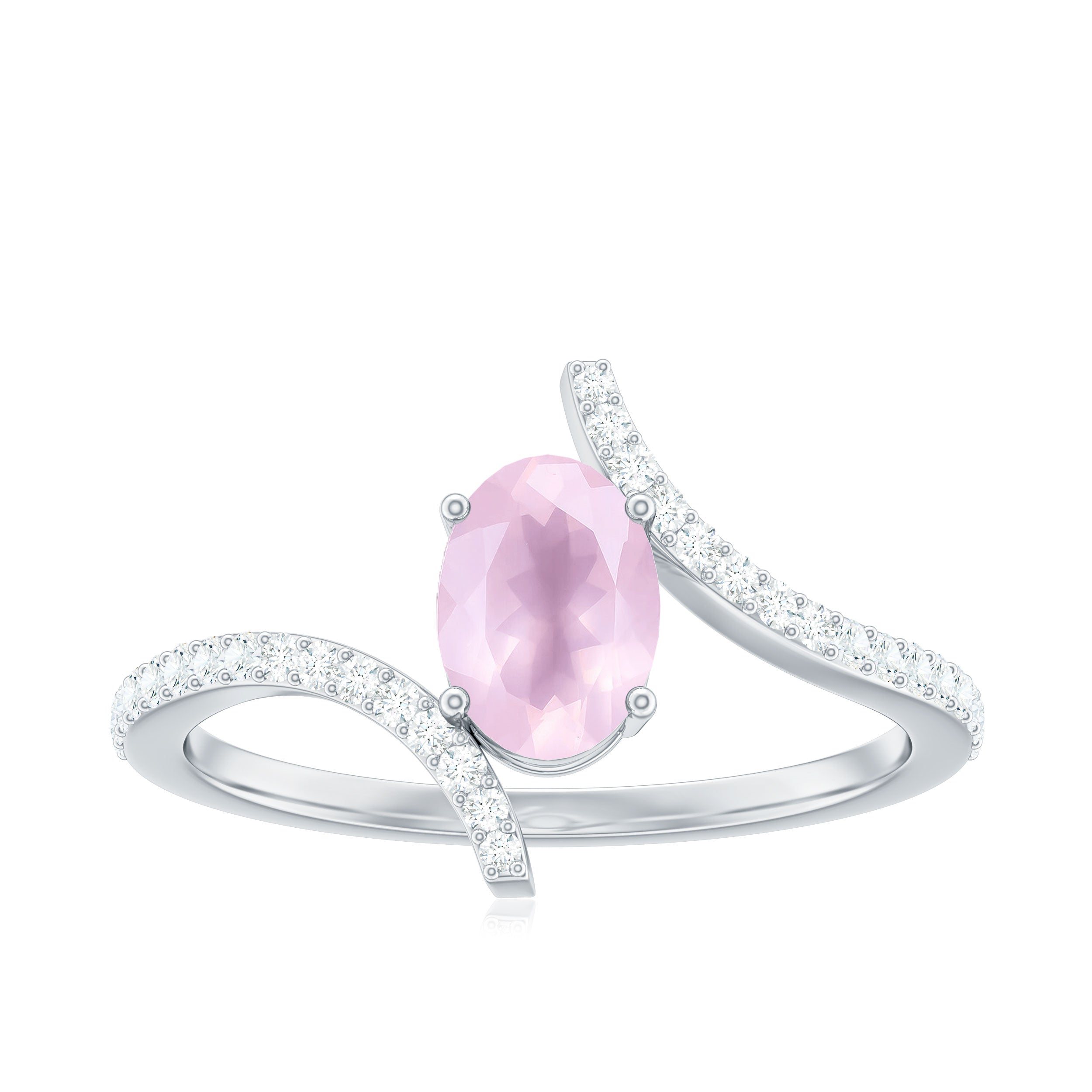 Oval Rose Quartz Solitaire Bypass Engagement Ring with Diamond Rose Quartz - ( AAA ) - Quality - Rosec Jewels