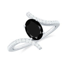 Oval Black Onyx Solitaire Bypass Engagement Ring with Diamond Black Onyx - ( AAA ) - Quality - Rosec Jewels