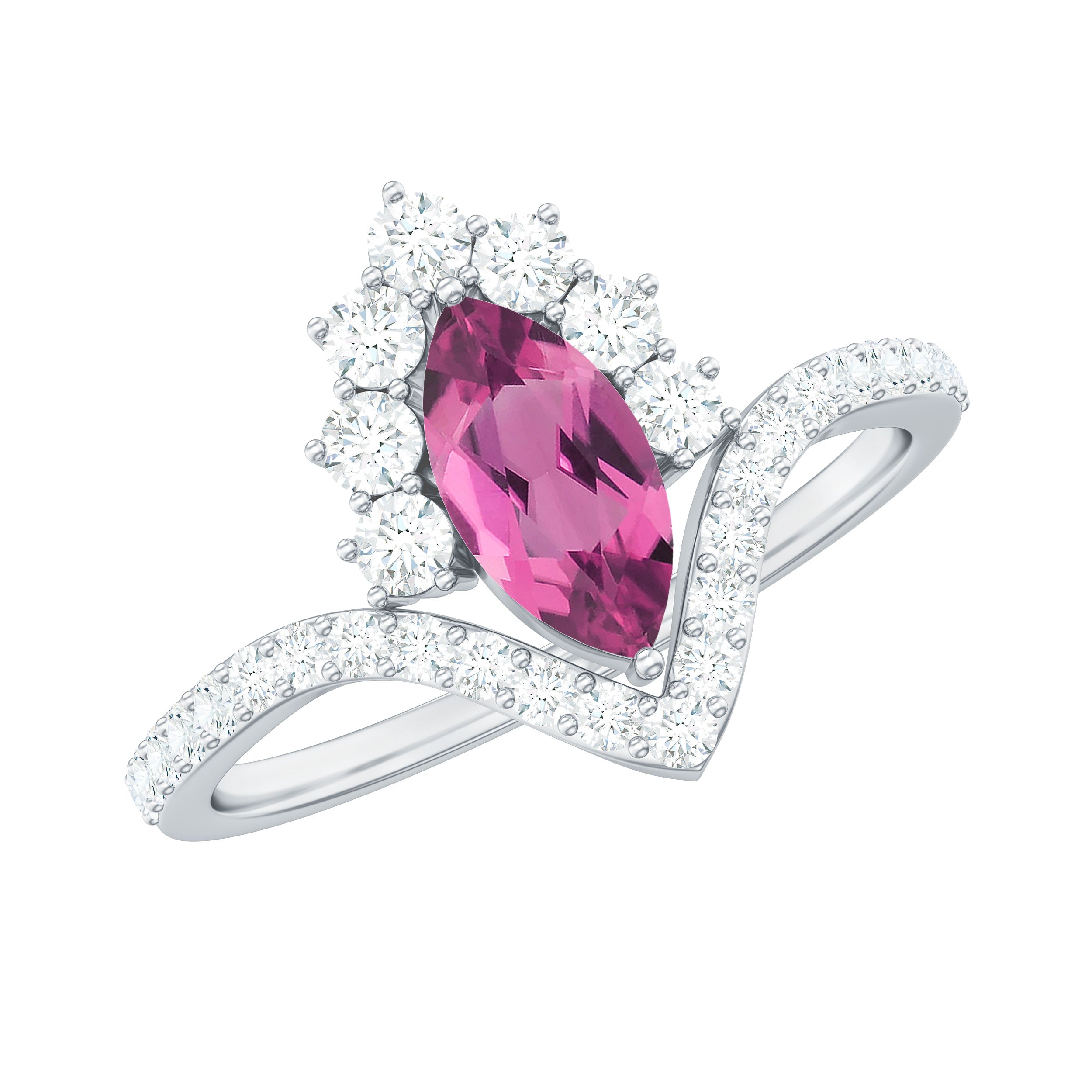 Marquise Cut Pink Tourmaline Designer Engagement Ring with Moissanite Frame Pink Tourmaline - ( AAA ) - Quality - Rosec Jewels