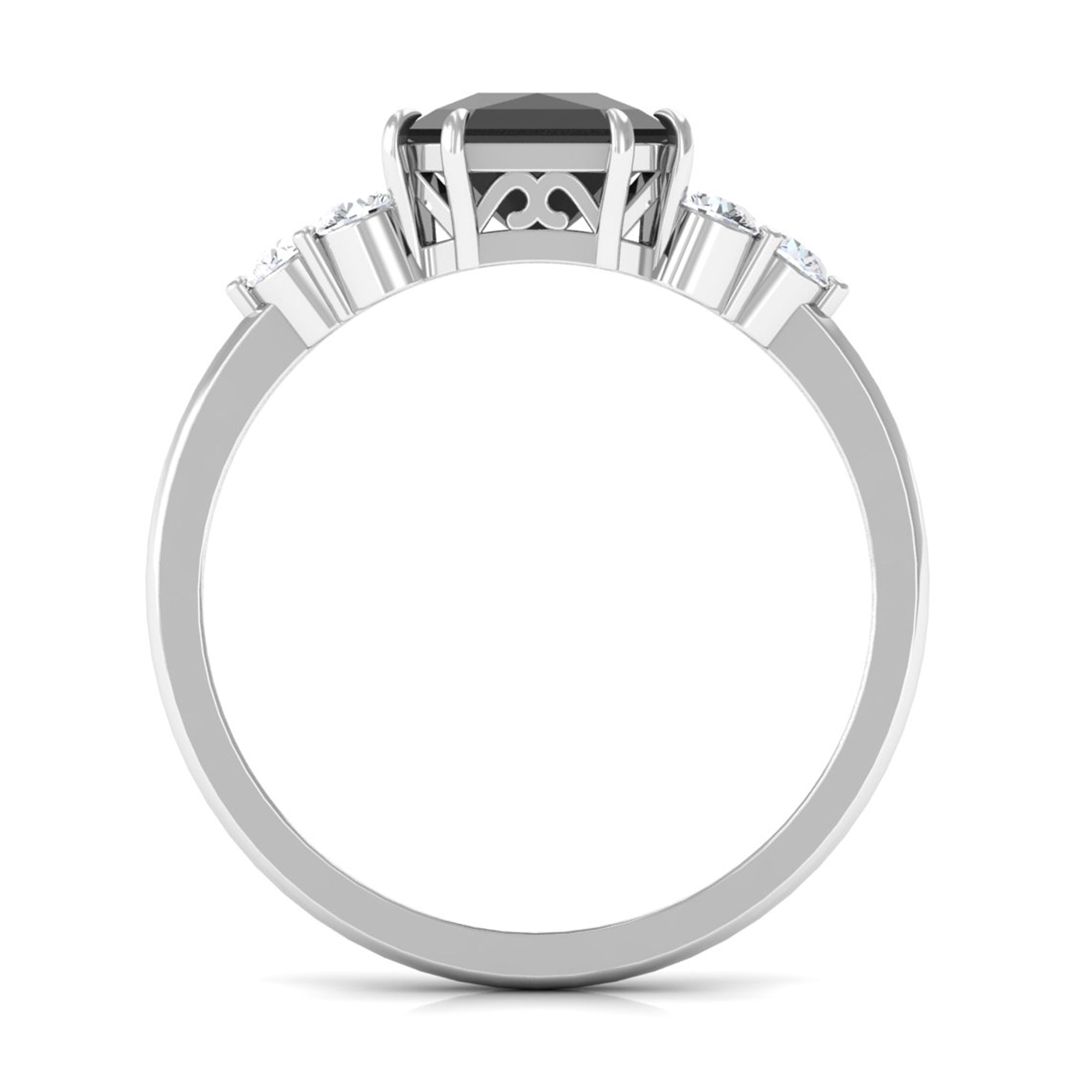 Asscher Cut Created Black Diamond Solitaire Engagement Ring with Diamond Trio Lab Created Black Diamond - ( AAAA ) - Quality - Rosec Jewels