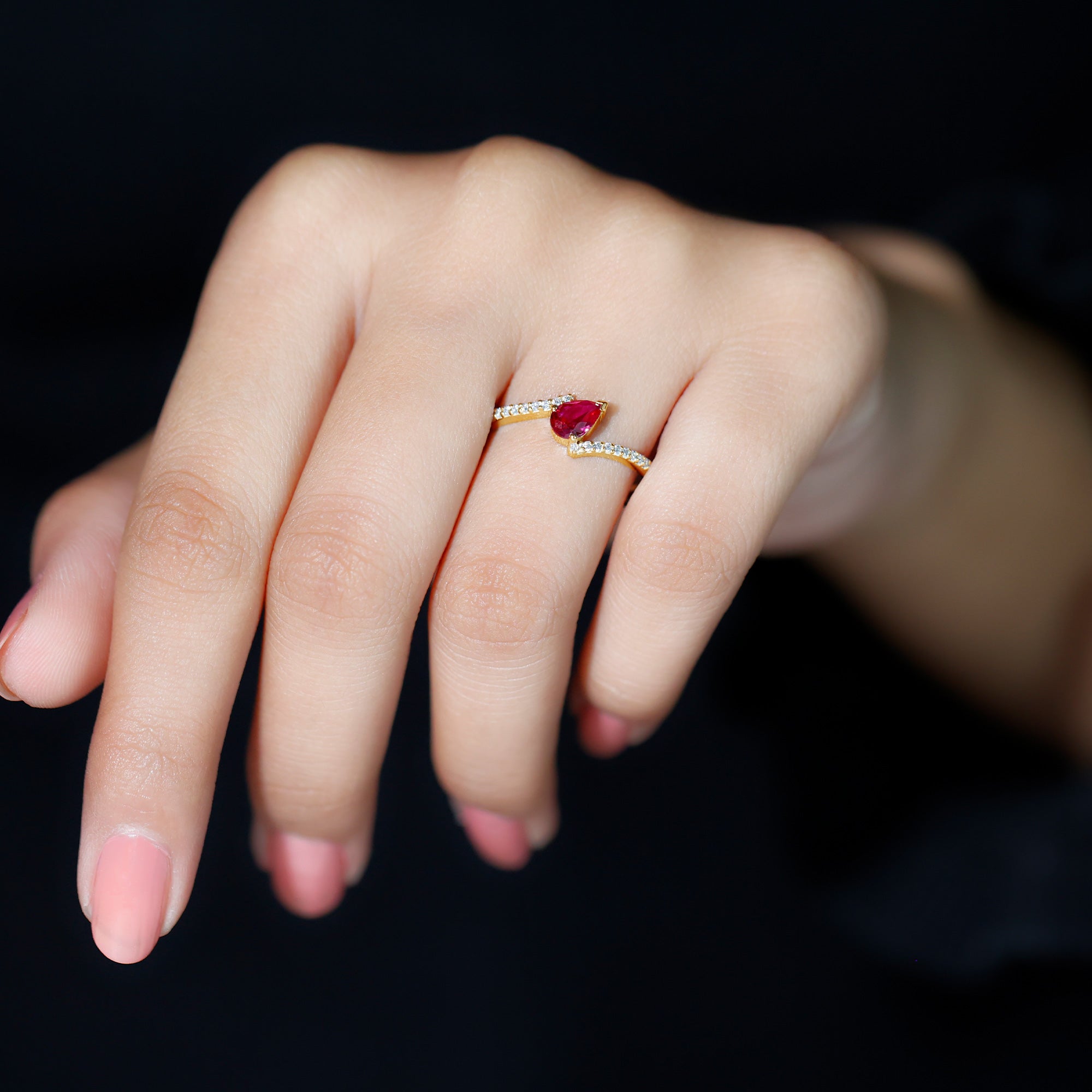 Pear Shape Lab Grown Ruby and Diamond Bypass Promise Ring Lab Created Ruby - ( AAAA ) - Quality - Rosec Jewels