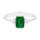 Octagon Created Emerald Solitaire Engagement Ring with Diamond Trio Lab Created Emerald - ( AAAA ) - Quality - Rosec Jewels