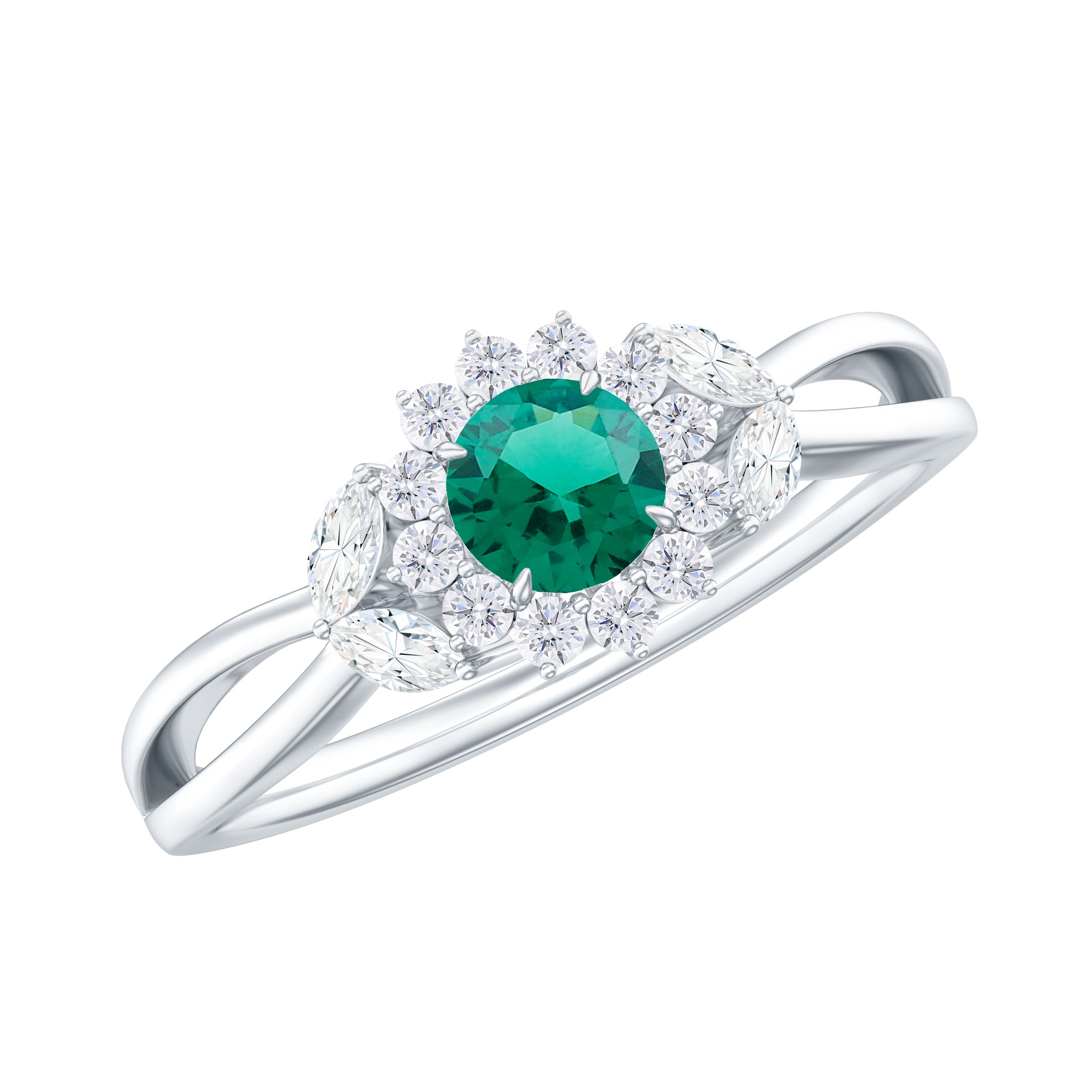 Created Emerald and Diamond Flower Engagement Ring in Split Shank Lab Created Emerald - ( AAAA ) - Quality - Rosec Jewels