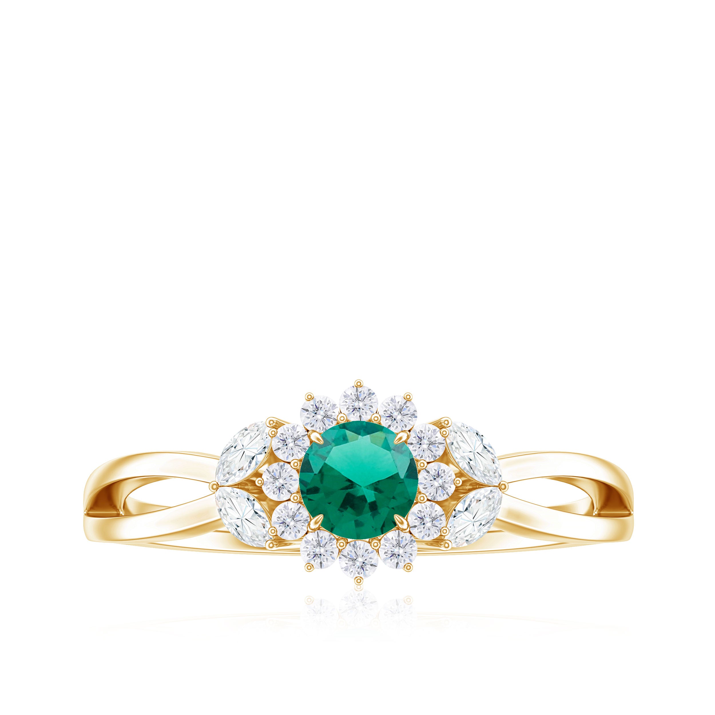 Created Emerald and Diamond Flower Engagement Ring in Split Shank Lab Created Emerald - ( AAAA ) - Quality - Rosec Jewels