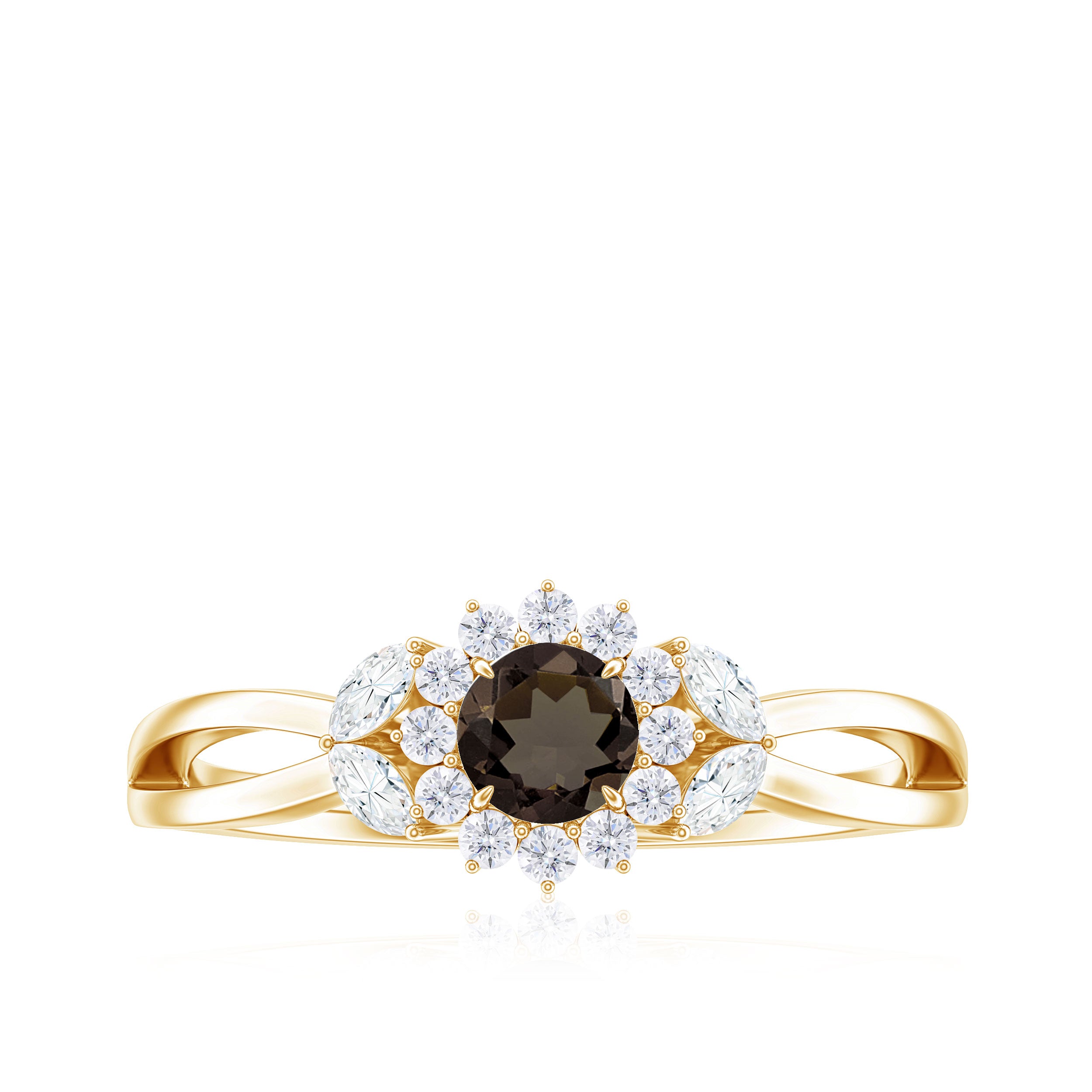 Split Shank Smoky Quartz Flower Engagement Ring with Diamond Smoky Quartz - ( AAA ) - Quality - Rosec Jewels