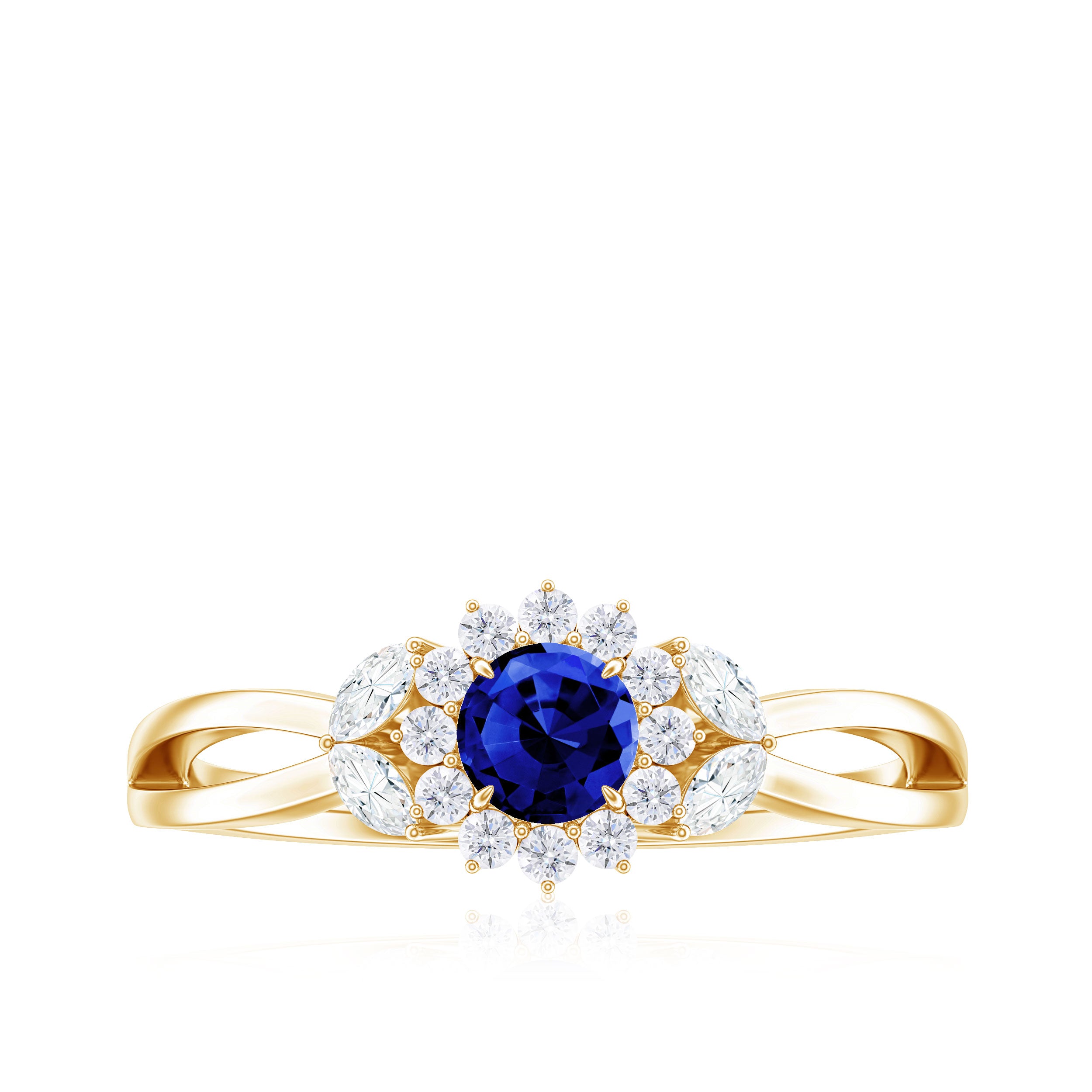 Created Blue Sapphire and Diamond Flower Engagement Ring with Split Shank Lab Created Blue Sapphire - ( AAAA ) - Quality - Rosec Jewels