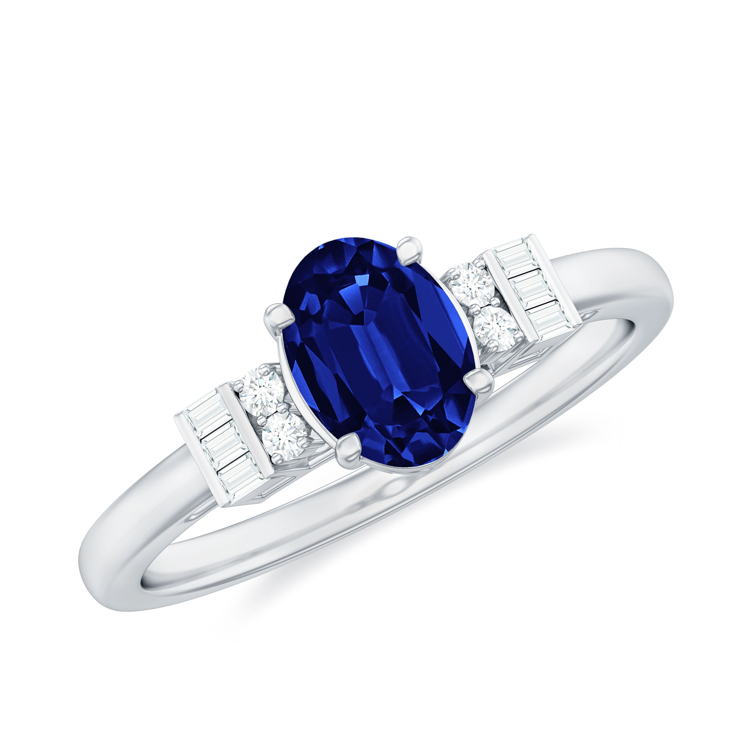 Rosec Jewels-Classic Oval Lab Grown Blue Sapphire Engagement Ring with Diamond