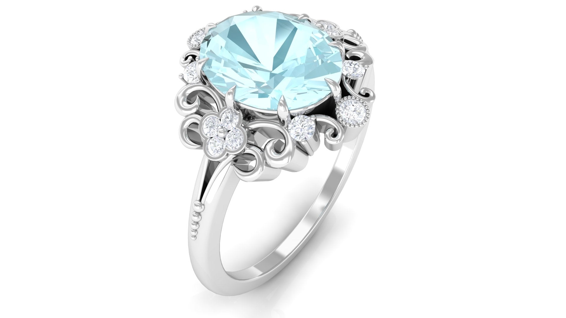 Vintage Inspired Sky Blue Topaz Engagement Ring with Diamond Sky Blue Topaz - ( AAA ) - Quality - Rosec Jewels