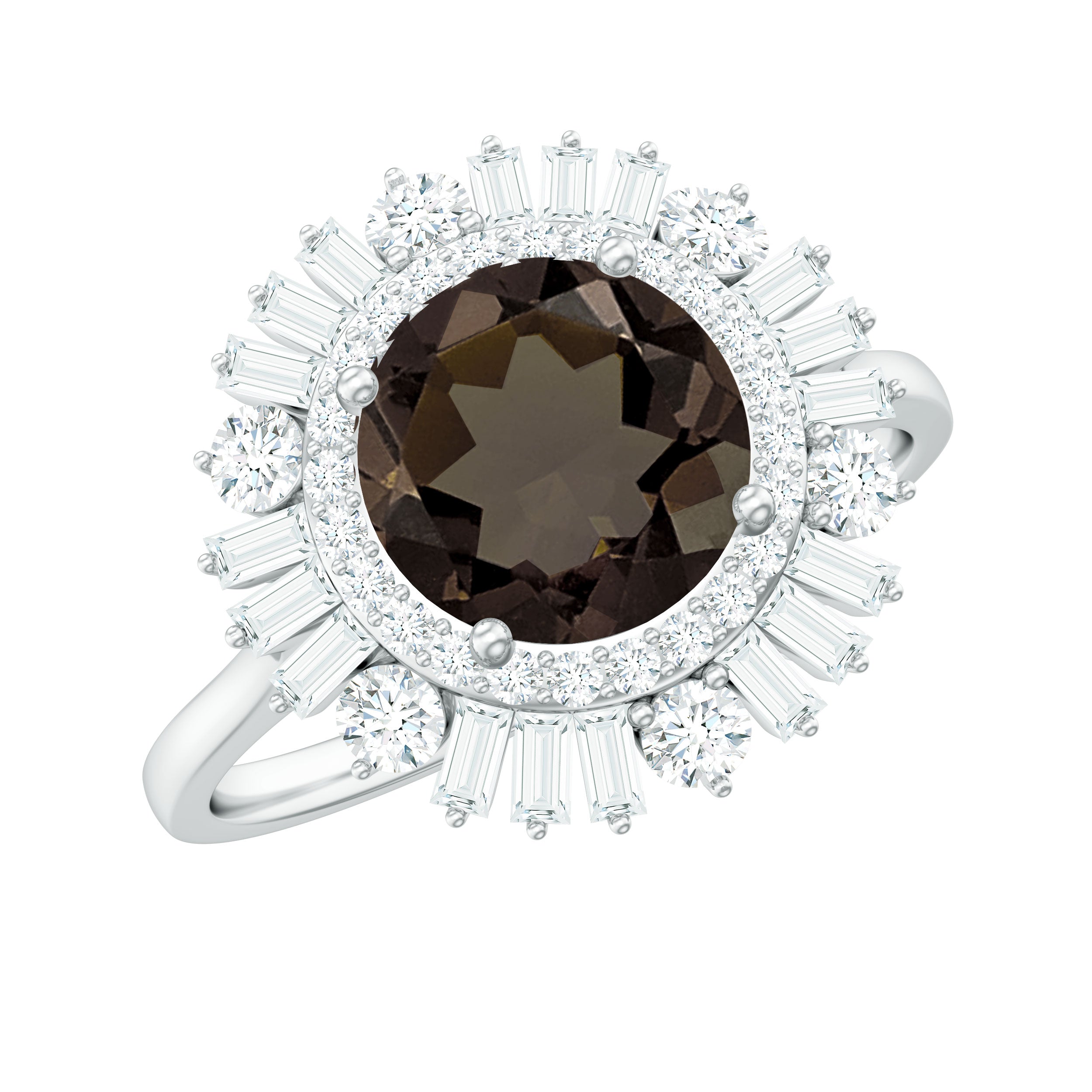 2.50 CT Round Smoky Quartz Cocktail Ring with Moissanite Double Halo Smoky Quartz - ( AAA ) - Quality - Rosec Jewels