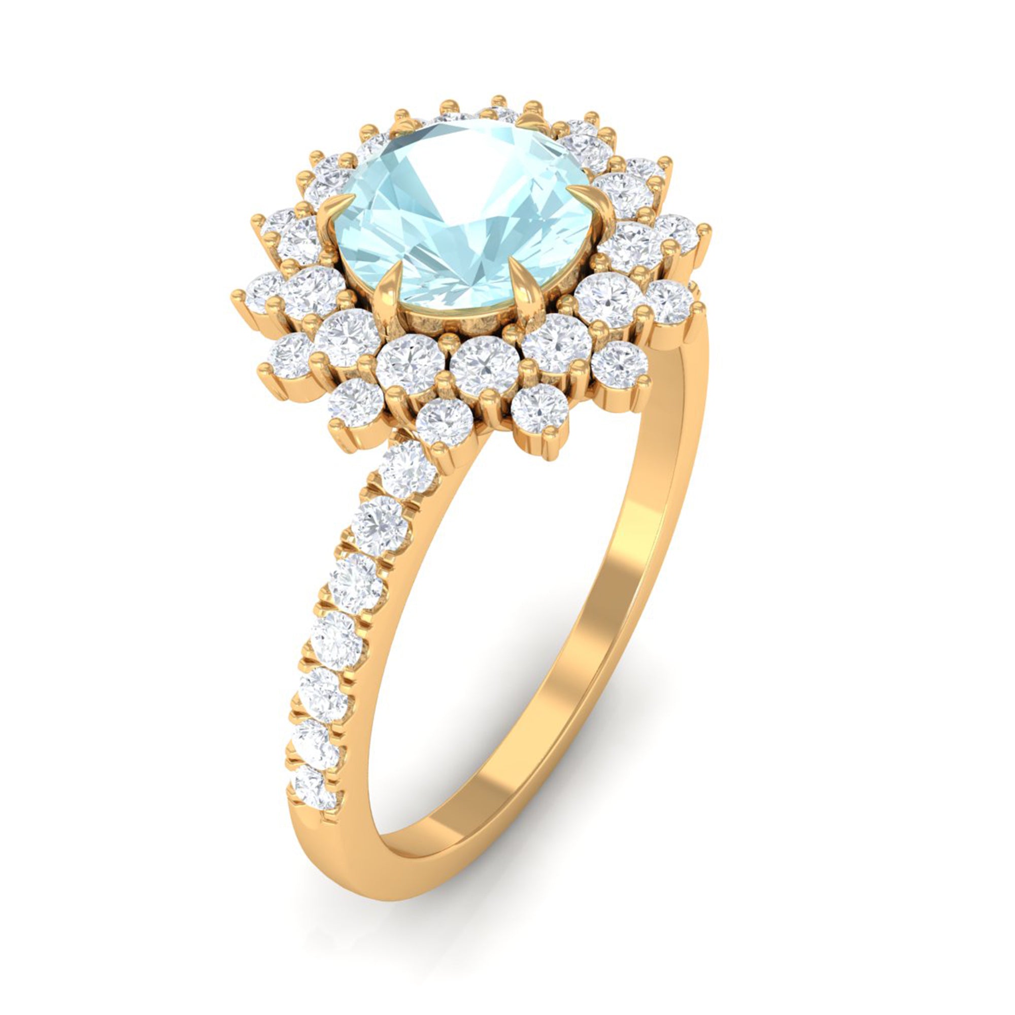 Round Sky Blue Topaz Statement Engagement Ring with Moissanite Cluster Halo Sky Blue Topaz - ( AAA ) - Quality - Rosec Jewels