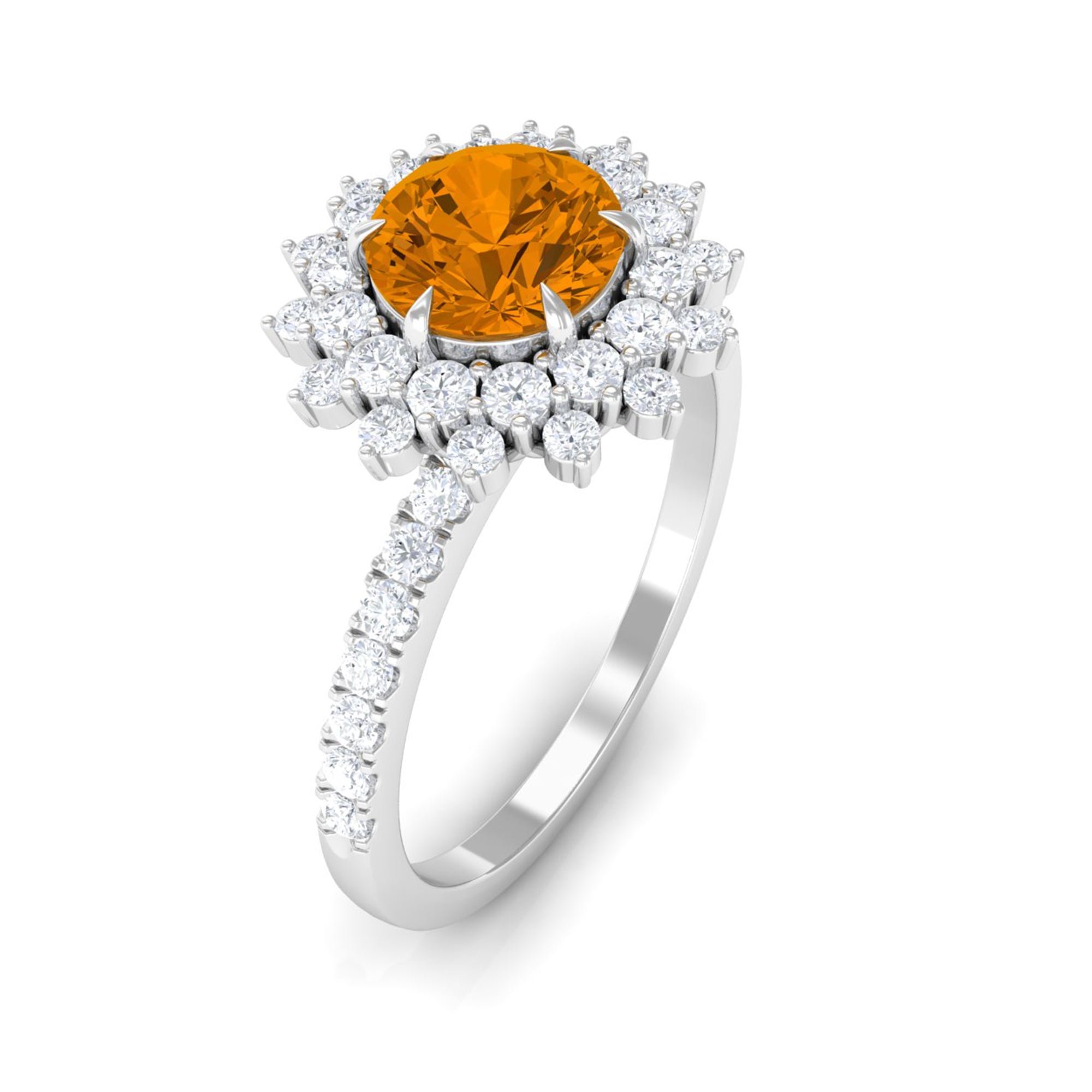 Round Citrine Statement Engagement Ring with Moissanite Cluster Halo Citrine - ( AAA ) - Quality - Rosec Jewels