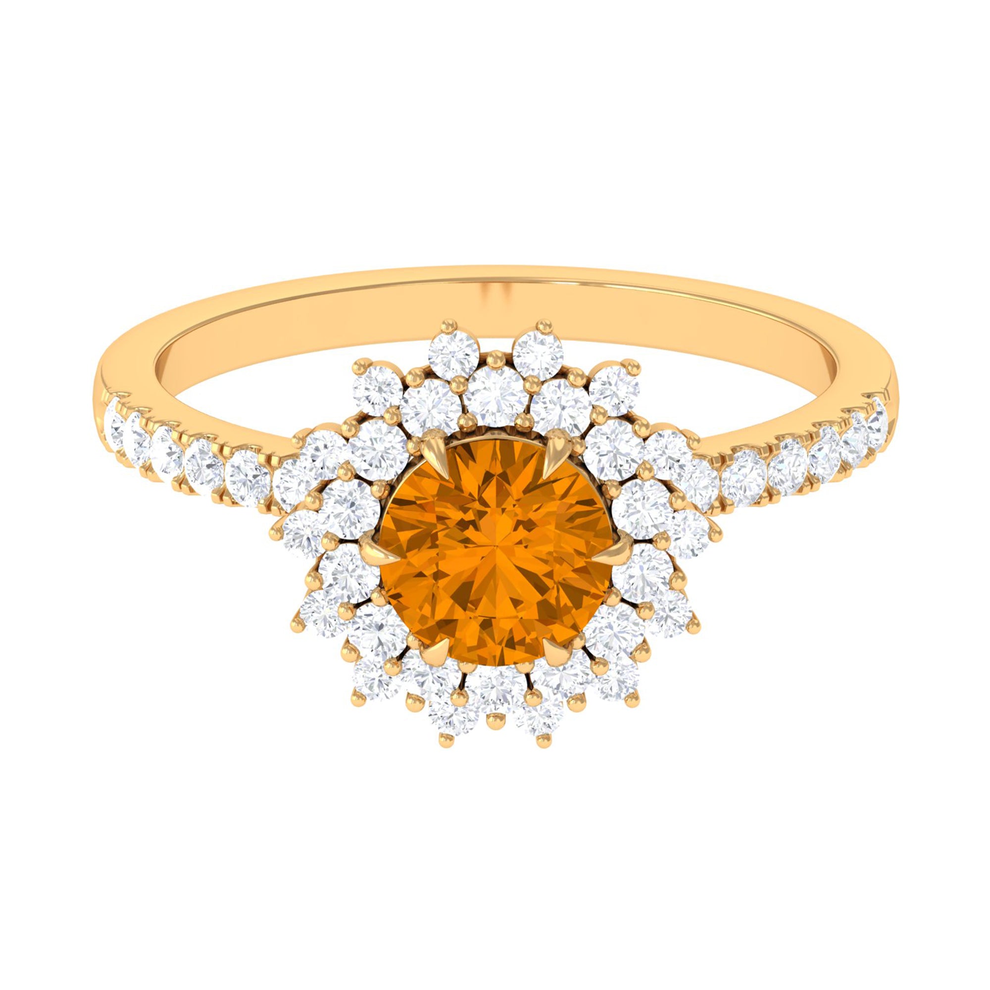 Round Citrine Statement Engagement Ring with Moissanite Cluster Halo Citrine - ( AAA ) - Quality - Rosec Jewels