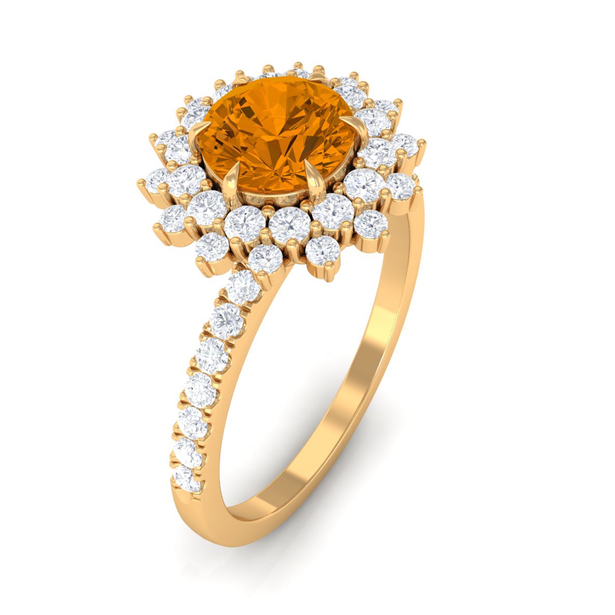 Round Citrine Statement Engagement Ring with Moissanite Cluster Halo Citrine - ( AAA ) - Quality - Rosec Jewels