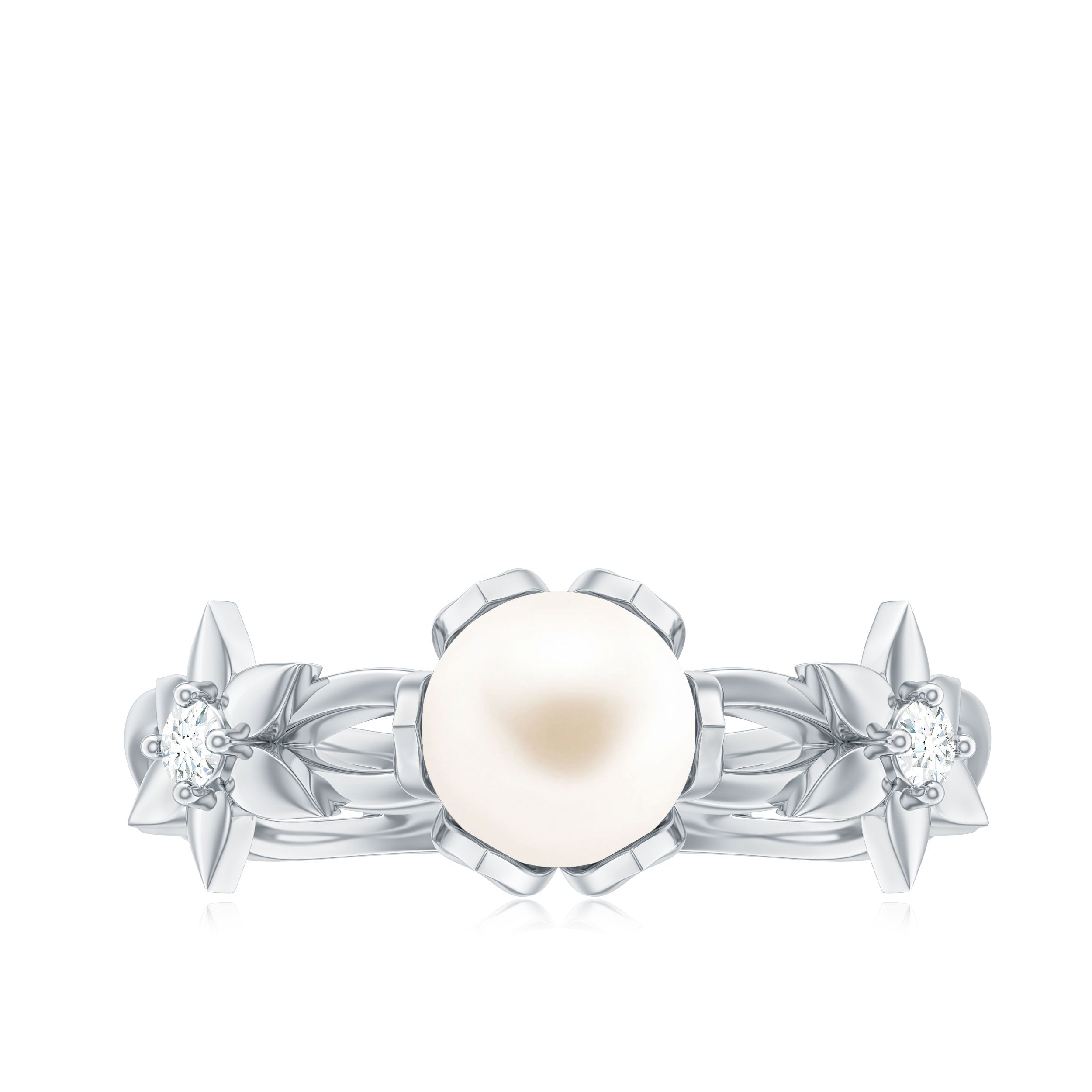 Natural Freshwater Pearl Solitaire Flower Band Ring with Diamond Freshwater Pearl - ( AAA ) - Quality - Rosec Jewels