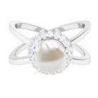 Freshwater Pearl Criss Cross Engagement Ring with Diamond Halo Freshwater Pearl - ( AAA ) - Quality - Rosec Jewels