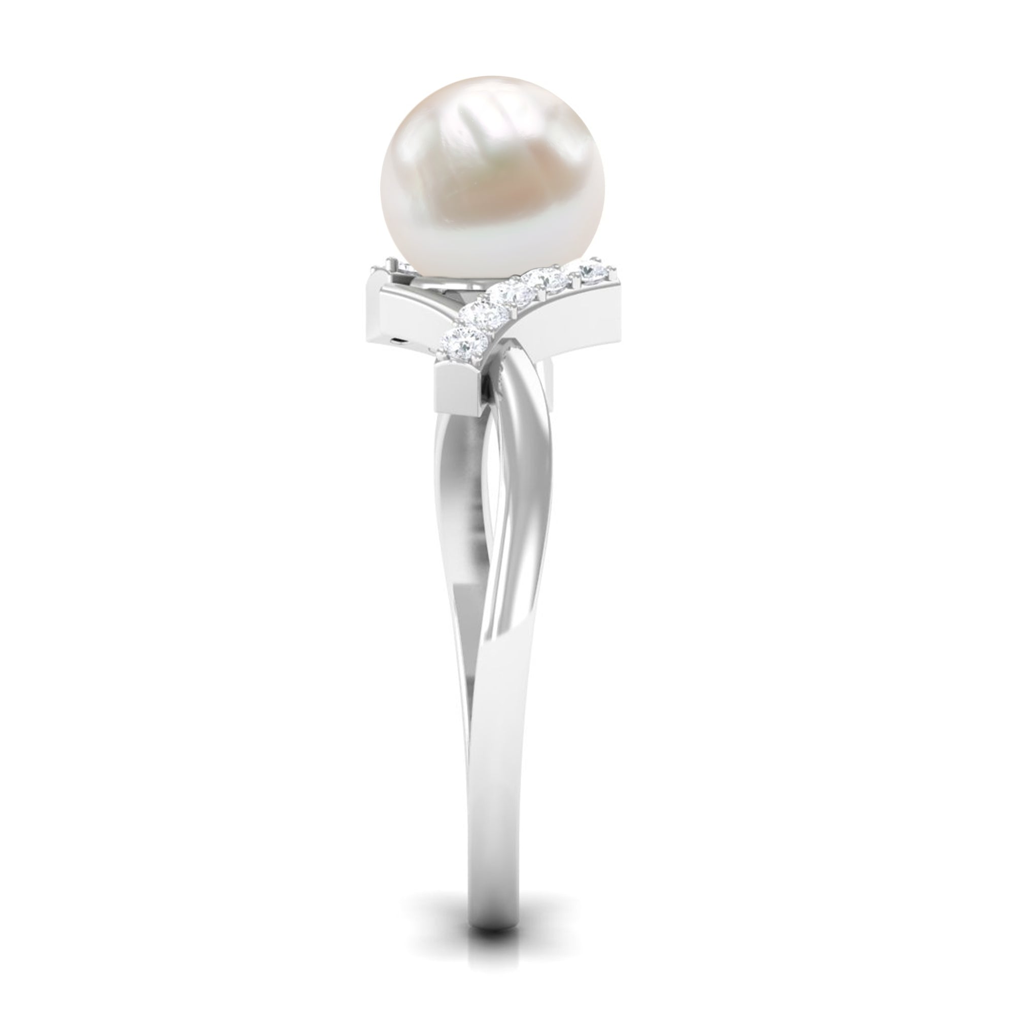 Pure Freshwater Pearl Solitaire Crossover Ring with Diamond Freshwater Pearl - ( AAA ) - Quality - Rosec Jewels