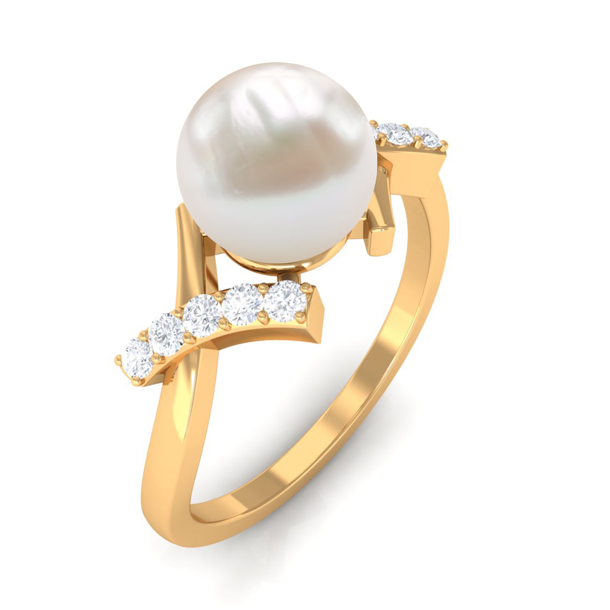 Pure Freshwater Pearl Solitaire Crossover Ring with Diamond Freshwater Pearl - ( AAA ) - Quality - Rosec Jewels